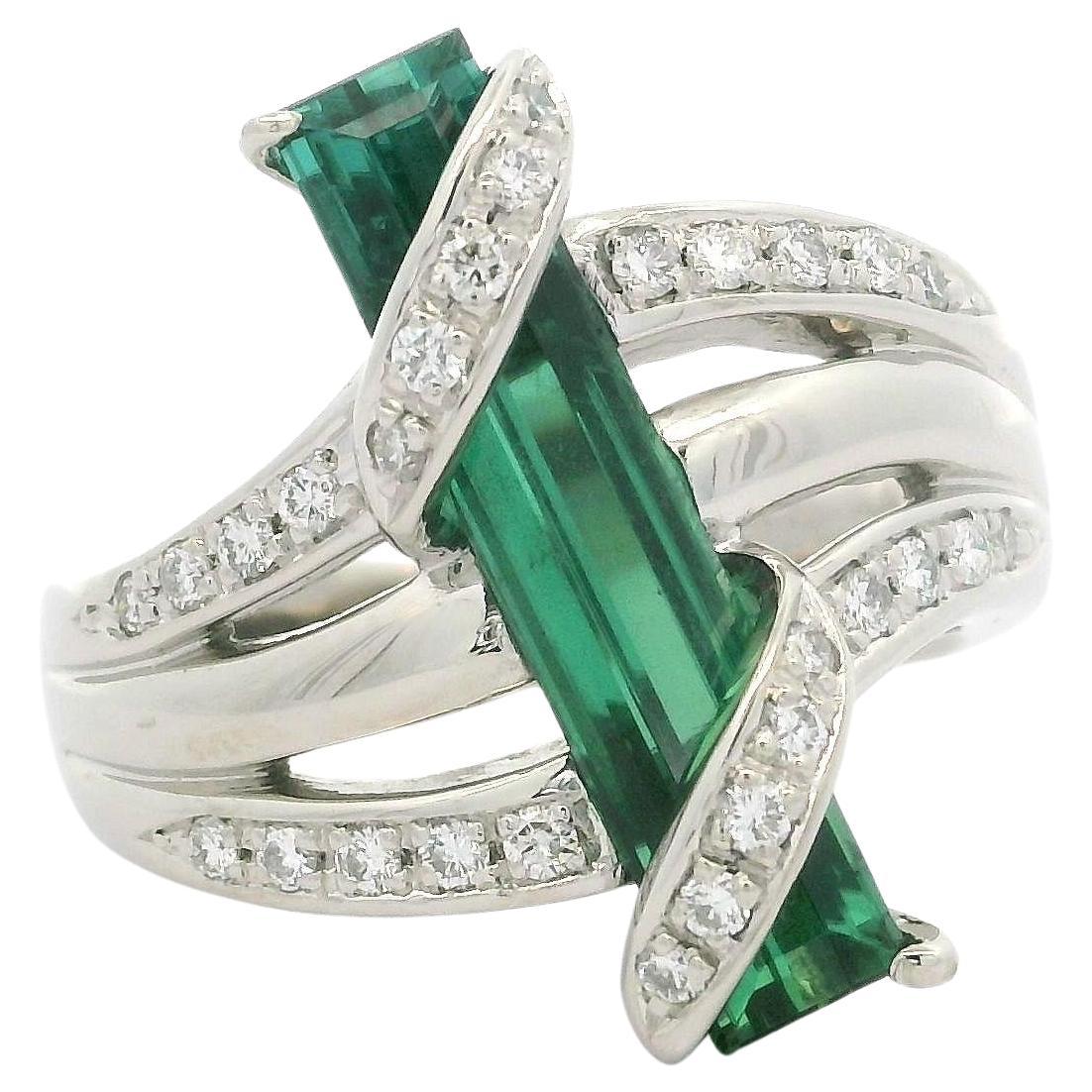 Custom Platinum 4.13ctw Long Green Tourmaline & Diamond Wrap Ring