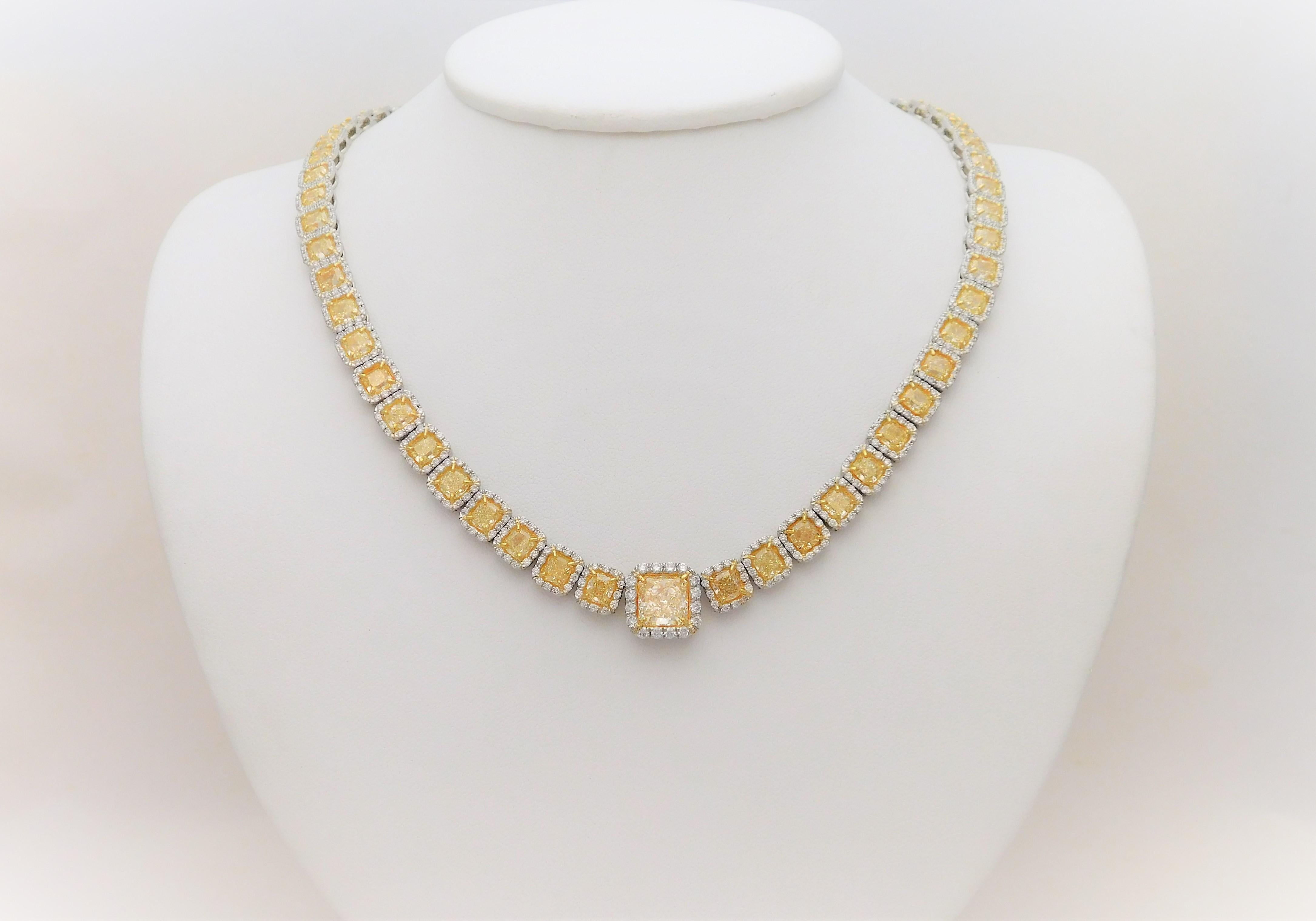 Modern Custom Platinum 43.87 Carat Natural Canary Yellow Diamond Halo Princess Necklace For Sale