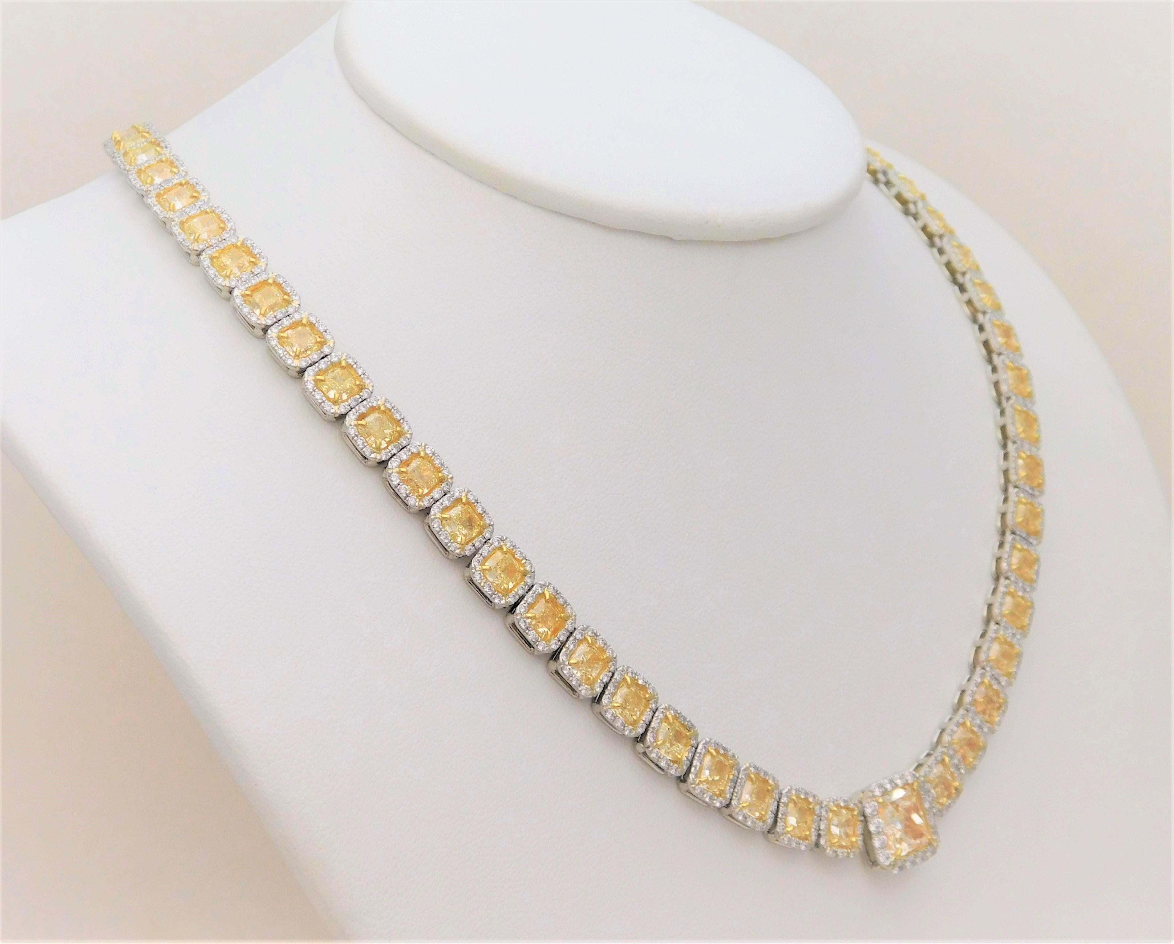 Cushion Cut Custom Platinum 43.87 Carat Natural Canary Yellow Diamond Halo Princess Necklace For Sale