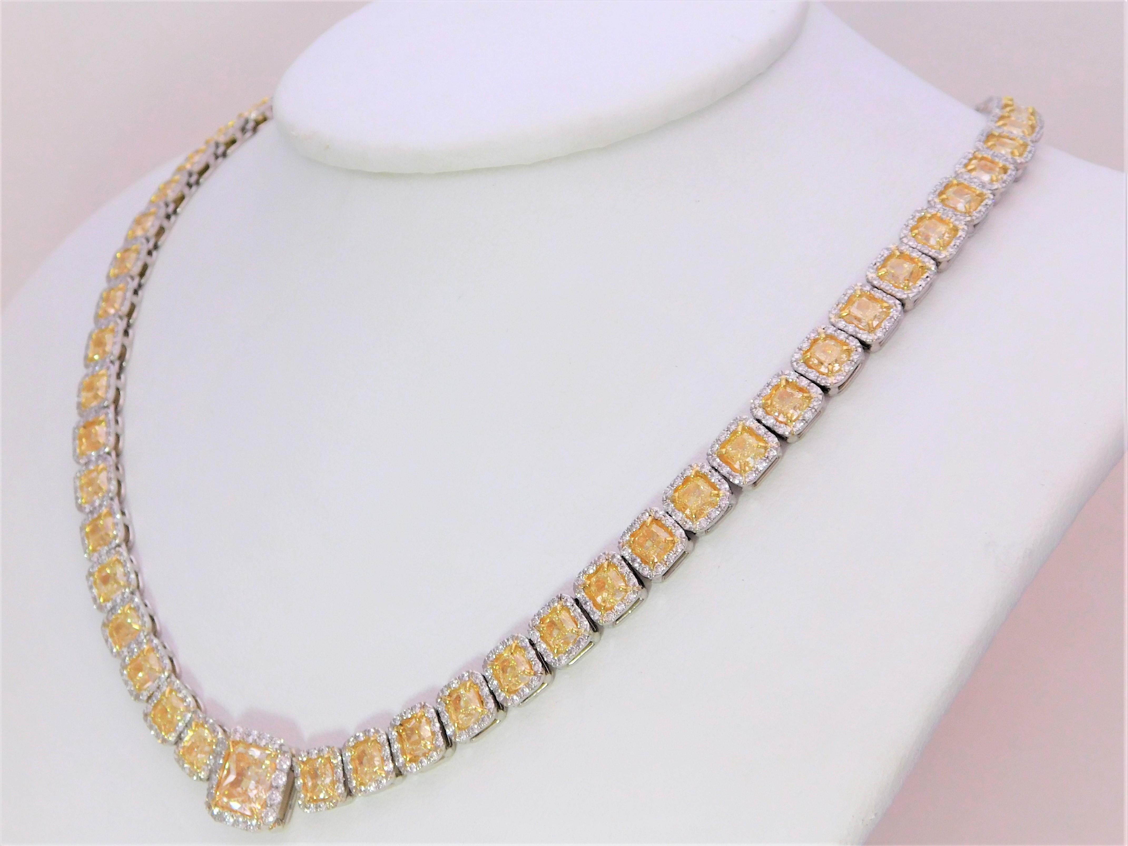 Custom Platinum 43.87 Carat Natural Canary Yellow Diamond Halo Princess Necklace In New Condition For Sale In Metairie, LA