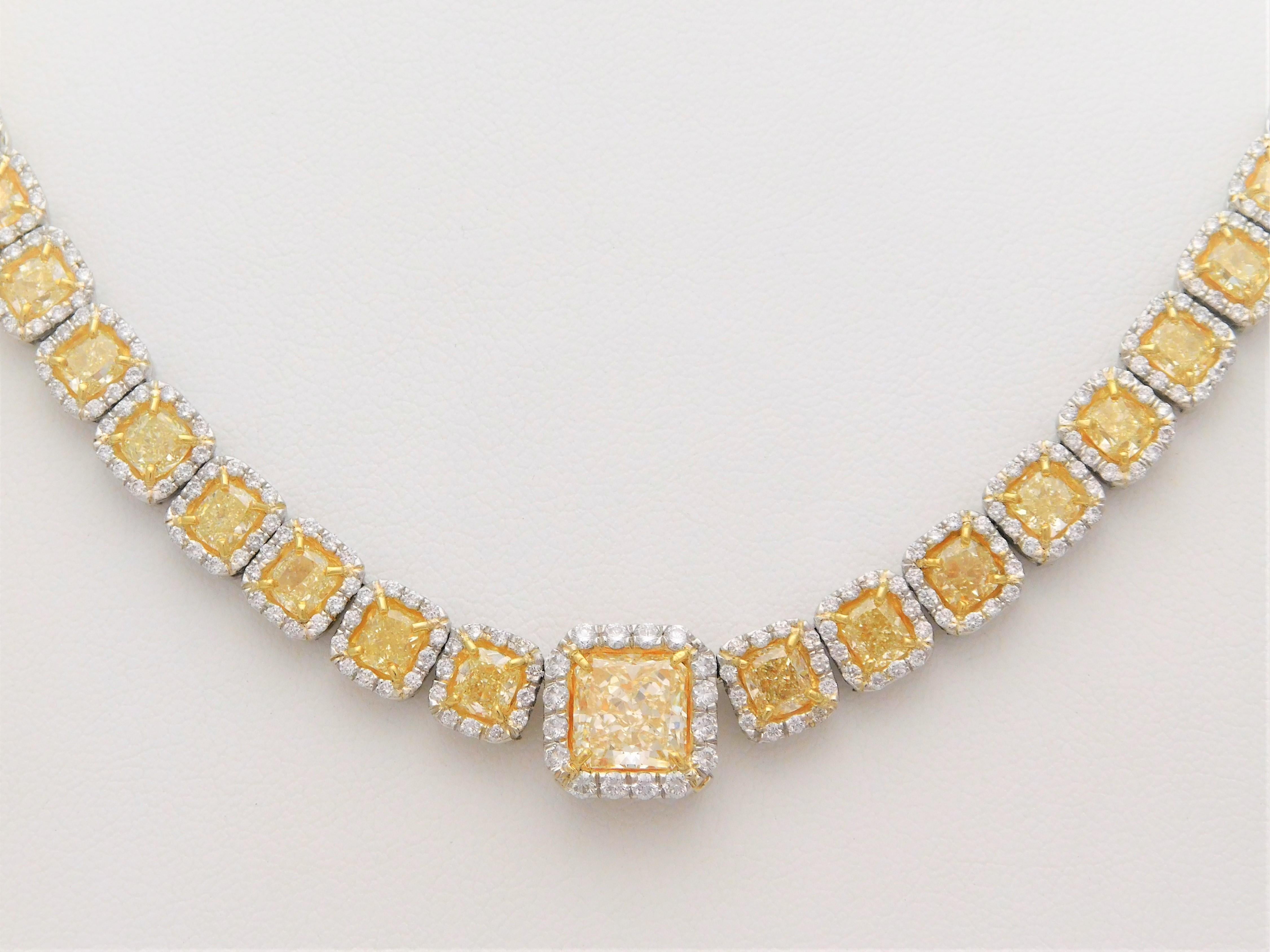 Women's Custom Platinum 43.87 Carat Natural Canary Yellow Diamond Halo Princess Necklace For Sale