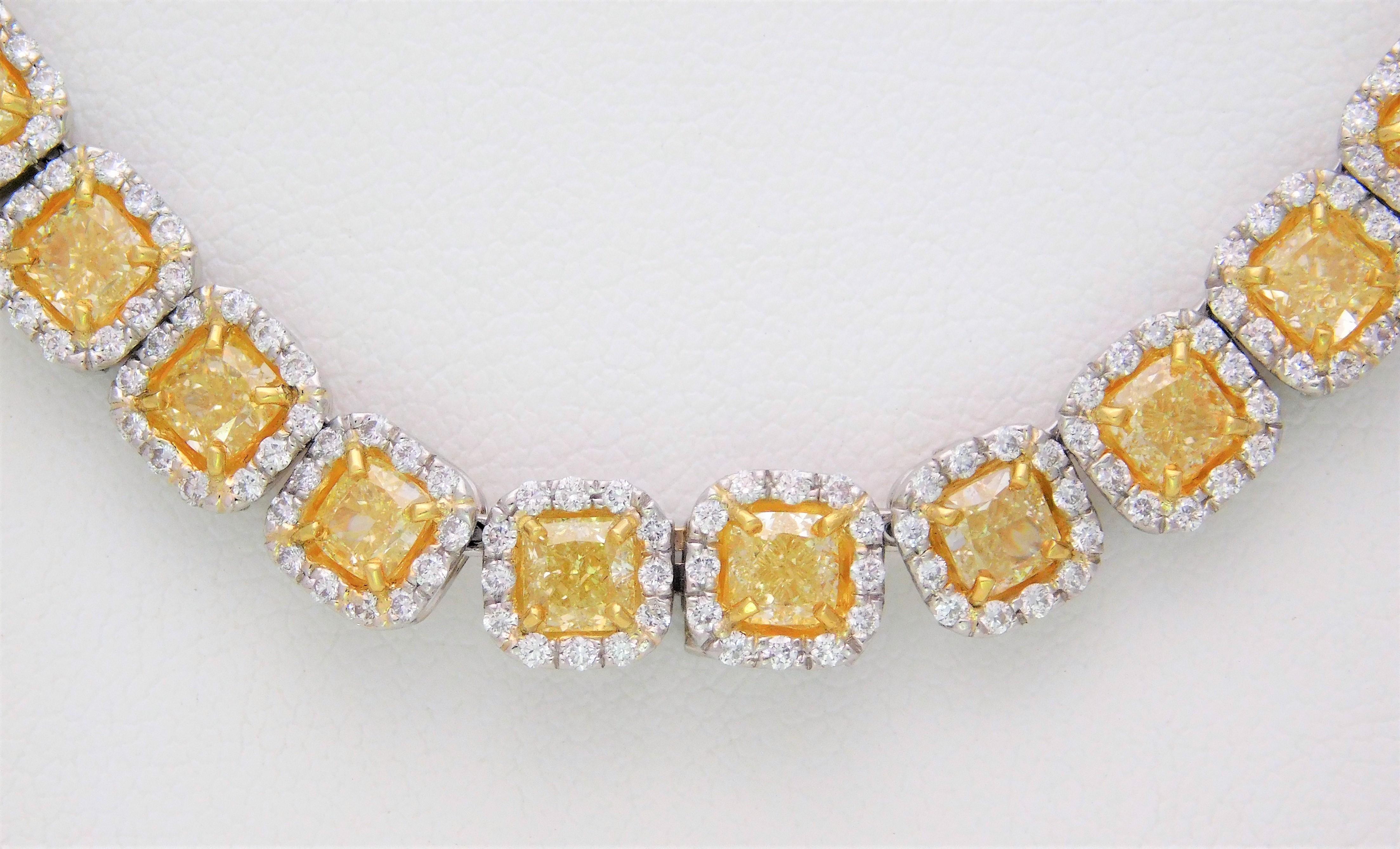 Custom Platinum 43.87 Carat Natural Canary Yellow Diamond Halo Princess Necklace For Sale 1