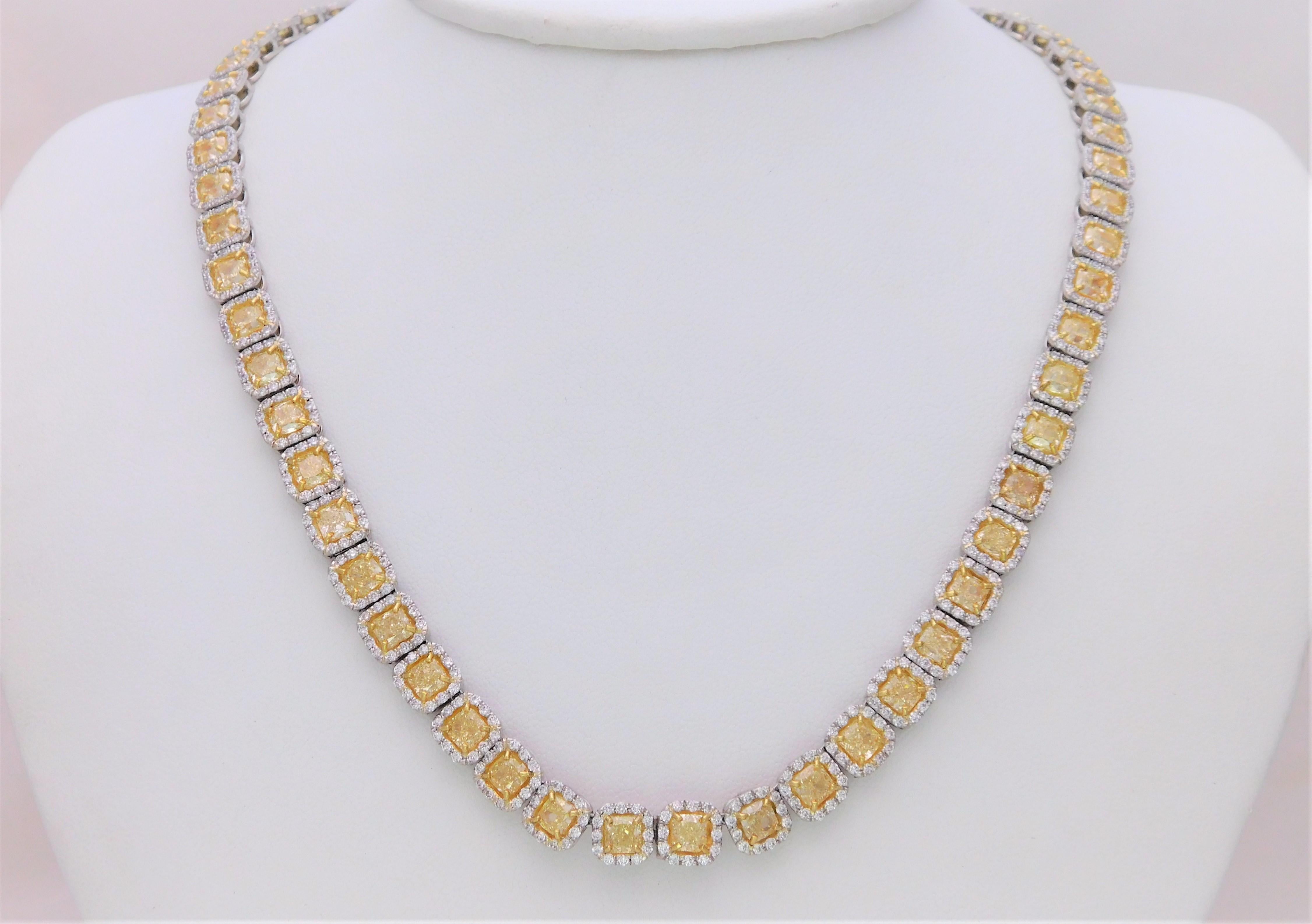 Custom Platinum 43.87 Carat Natural Canary Yellow Diamond Halo Princess Necklace For Sale 2