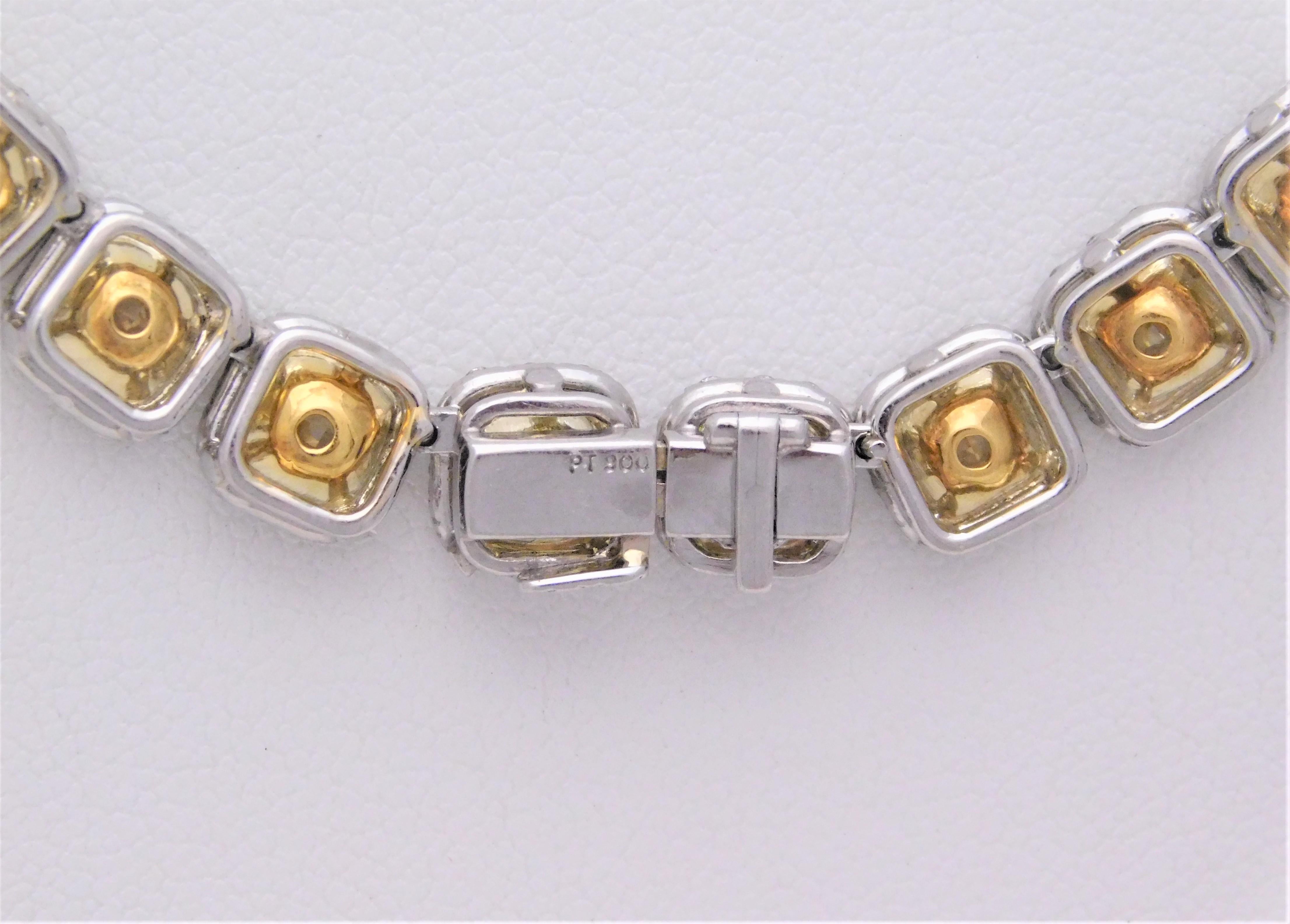 Custom Platinum 43.87 Carat Natural Canary Yellow Diamond Halo Princess Necklace For Sale 3