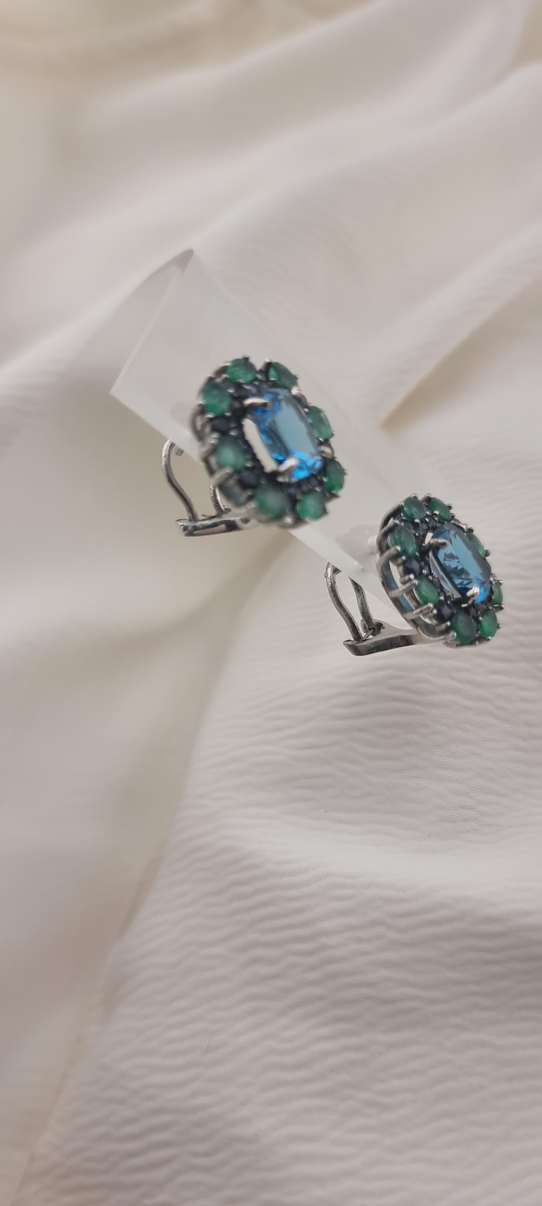 Custom Platinum Blue Topaz Natural Emerald & Sapphire Lever-Back Earring For Sale 3
