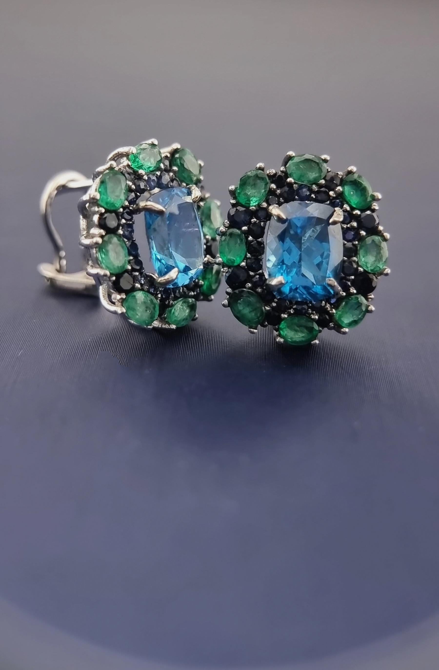 Custom Platinum Blue Topaz Natural Emerald & Sapphire Lever-Back Earring For Sale 4