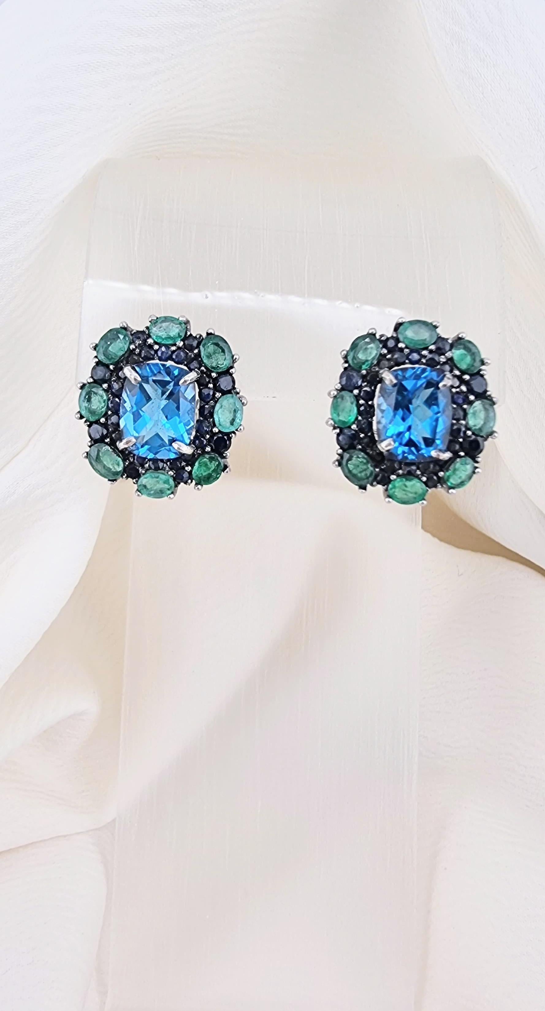 Custom Platinum Blue Topaz Natural Emerald & Sapphire Lever-Back Earring For Sale 6