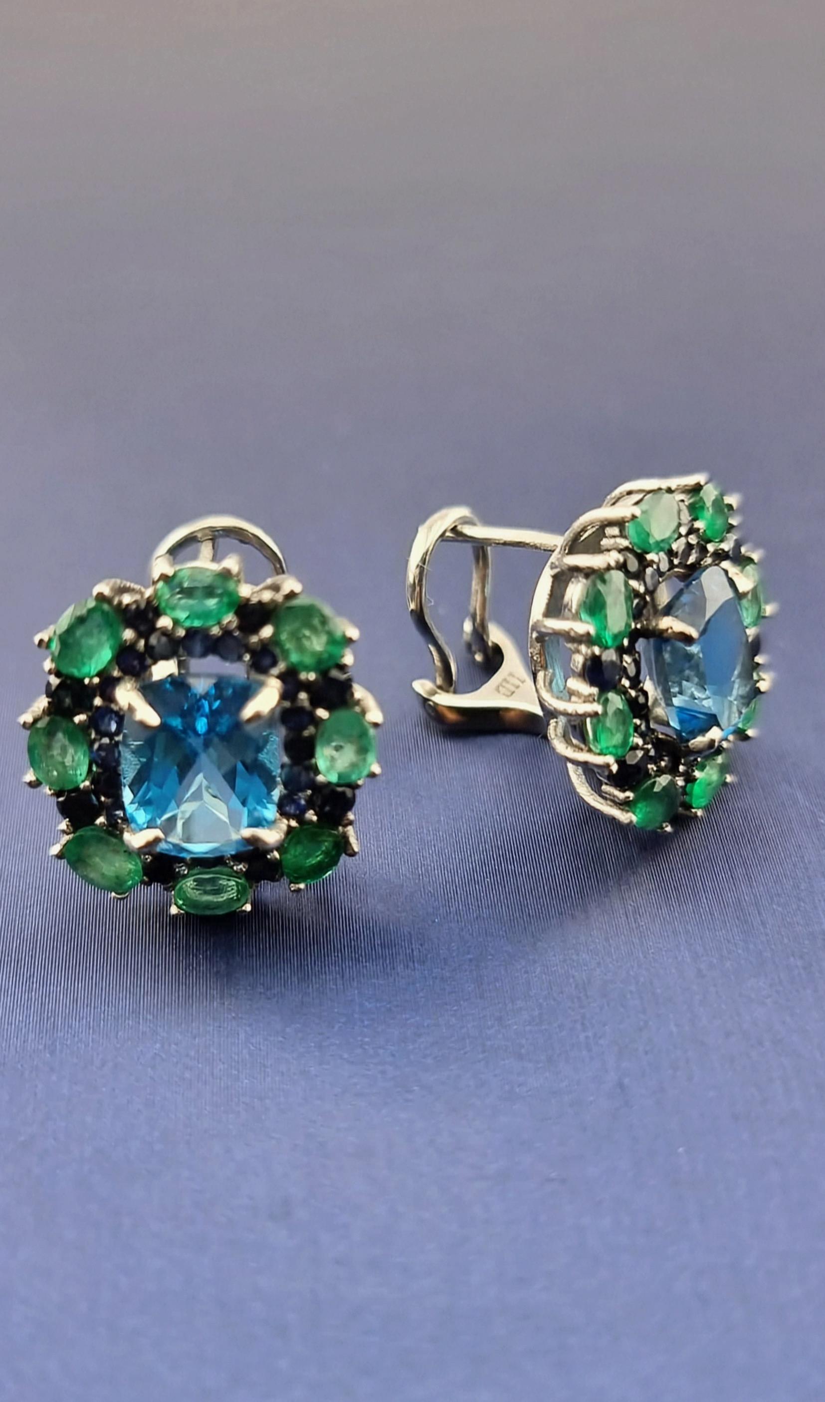 Cushion Cut Custom Platinum Blue Topaz Natural Emerald & Sapphire Lever-Back Earring For Sale