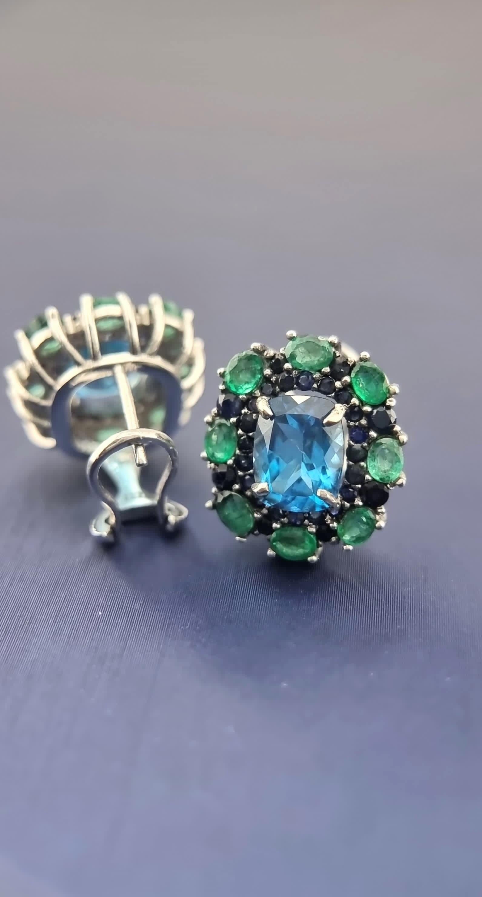 Women's or Men's Custom Platinum Blue Topaz Natural Emerald & Sapphire Lever-Back Earring For Sale