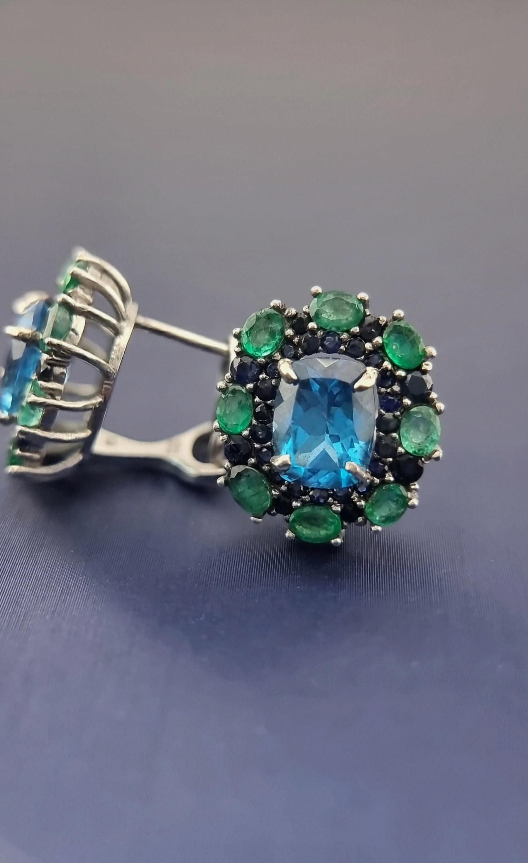 Custom Platinum Blue Topaz Natural Emerald & Sapphire Lever-Back Earring For Sale 9
