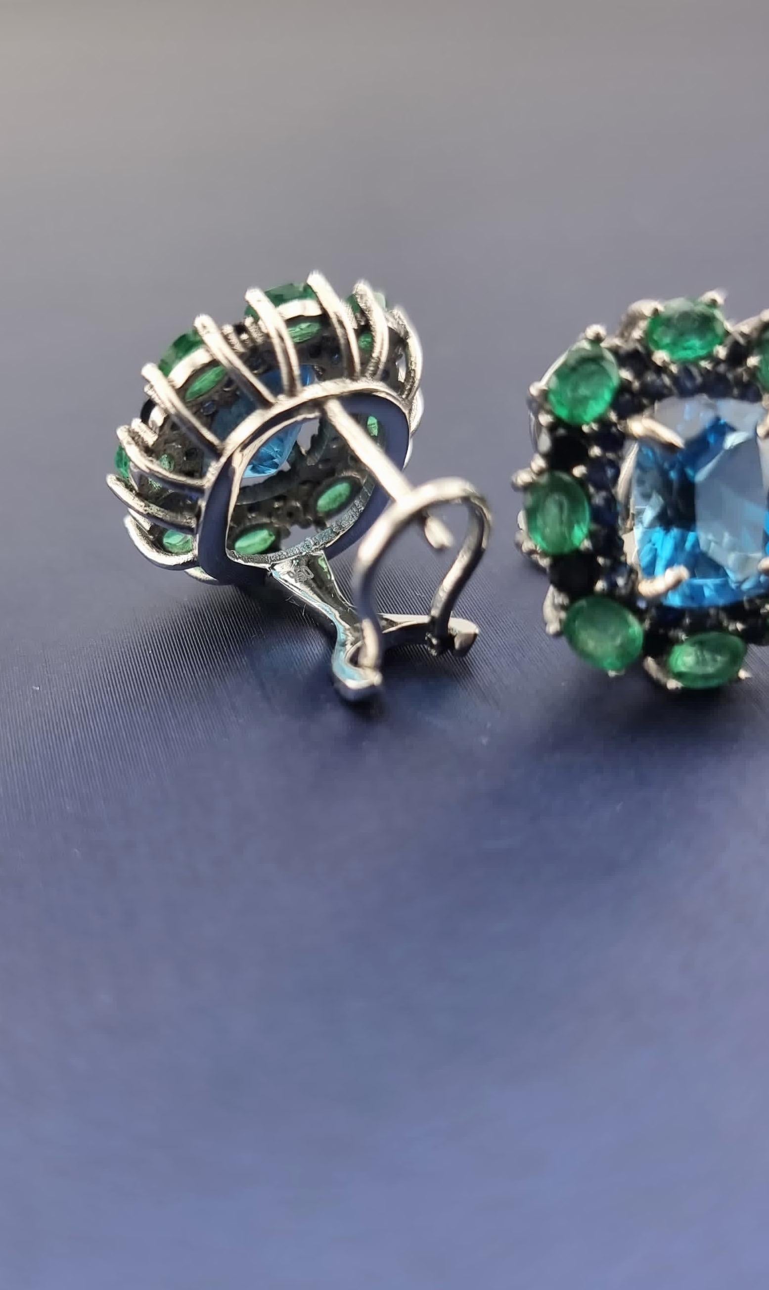 Custom Platinum Blue Topaz Natural Emerald & Sapphire Lever-Back Earring For Sale 10