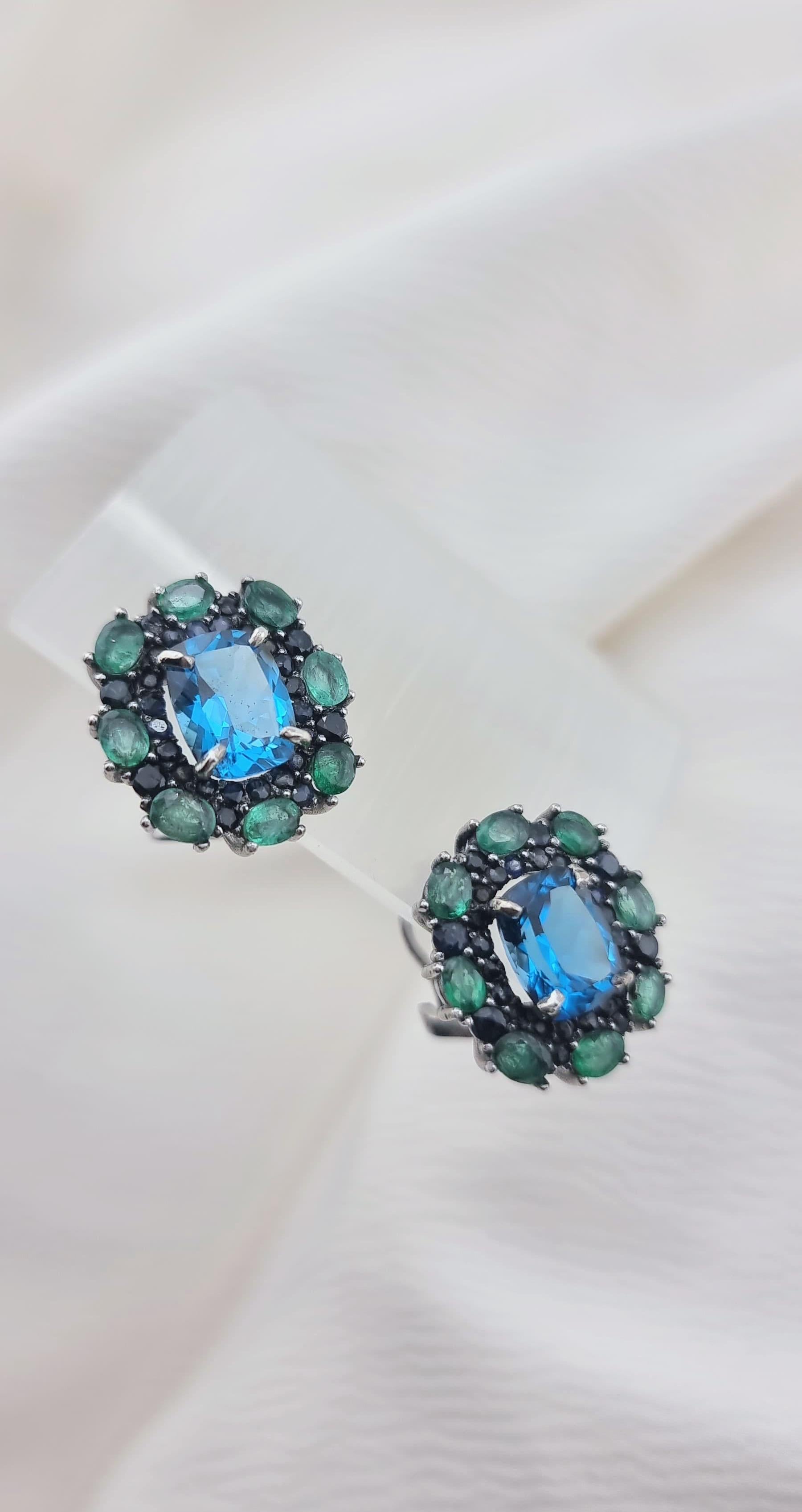 Custom Platinum Blue Topaz Natural Emerald & Sapphire Lever-Back Earring For Sale 7