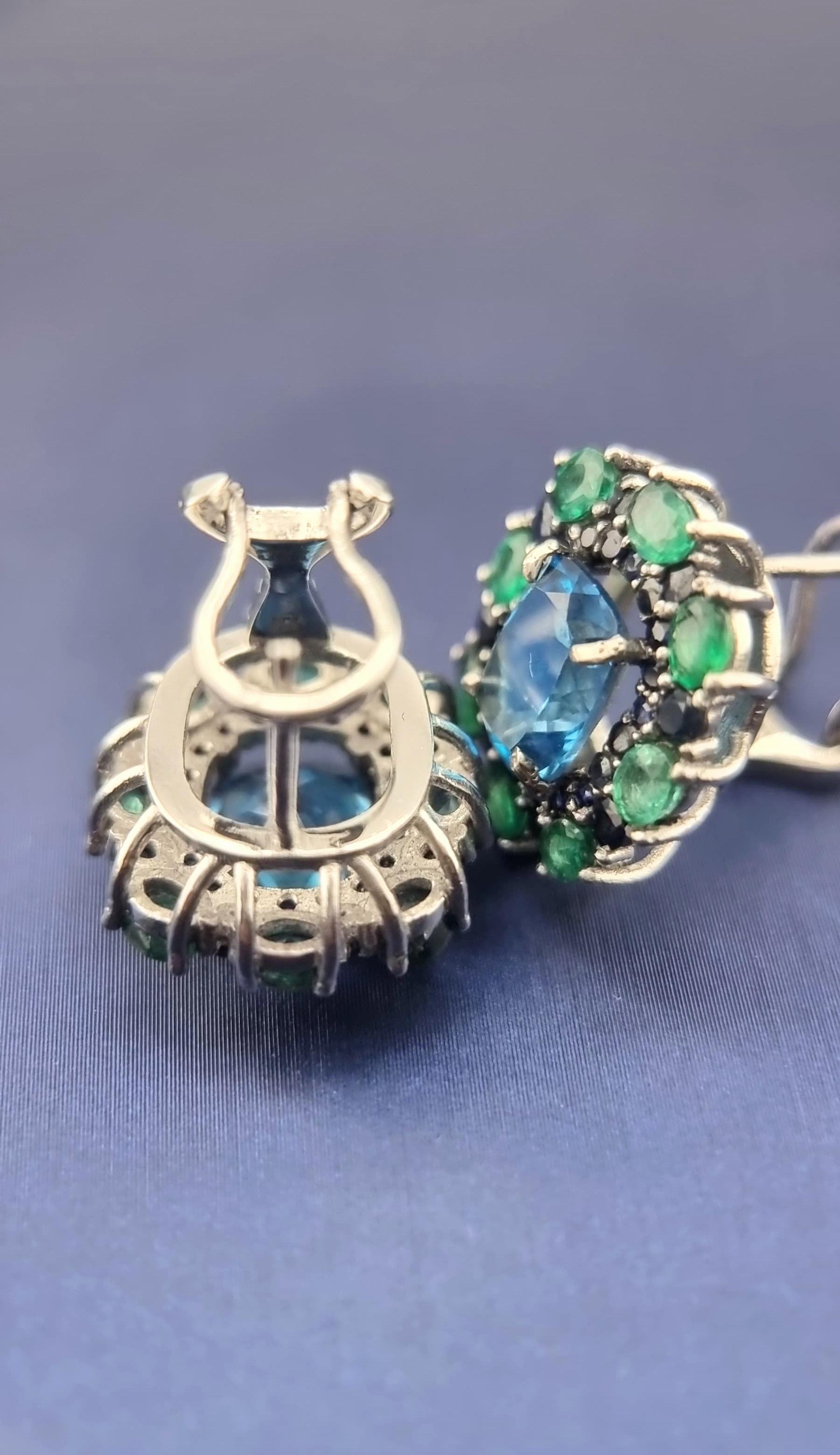 Custom Platinum Blue Topaz Natural Emerald & Sapphire Lever-Back Earring For Sale 11