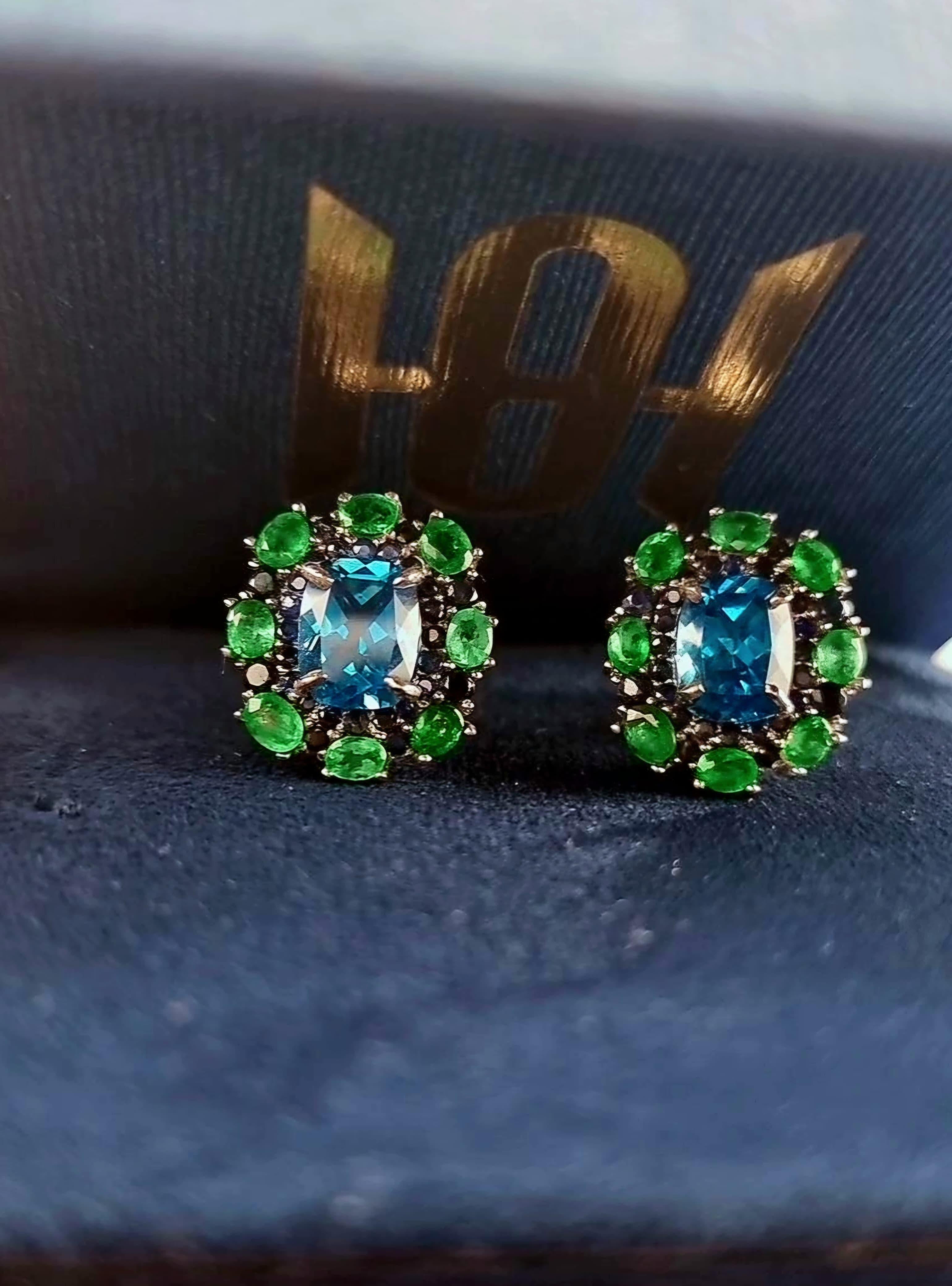 Modern Custom Platinum Blue Topaz Natural Emerald & Sapphire Lever-Back Earring For Sale