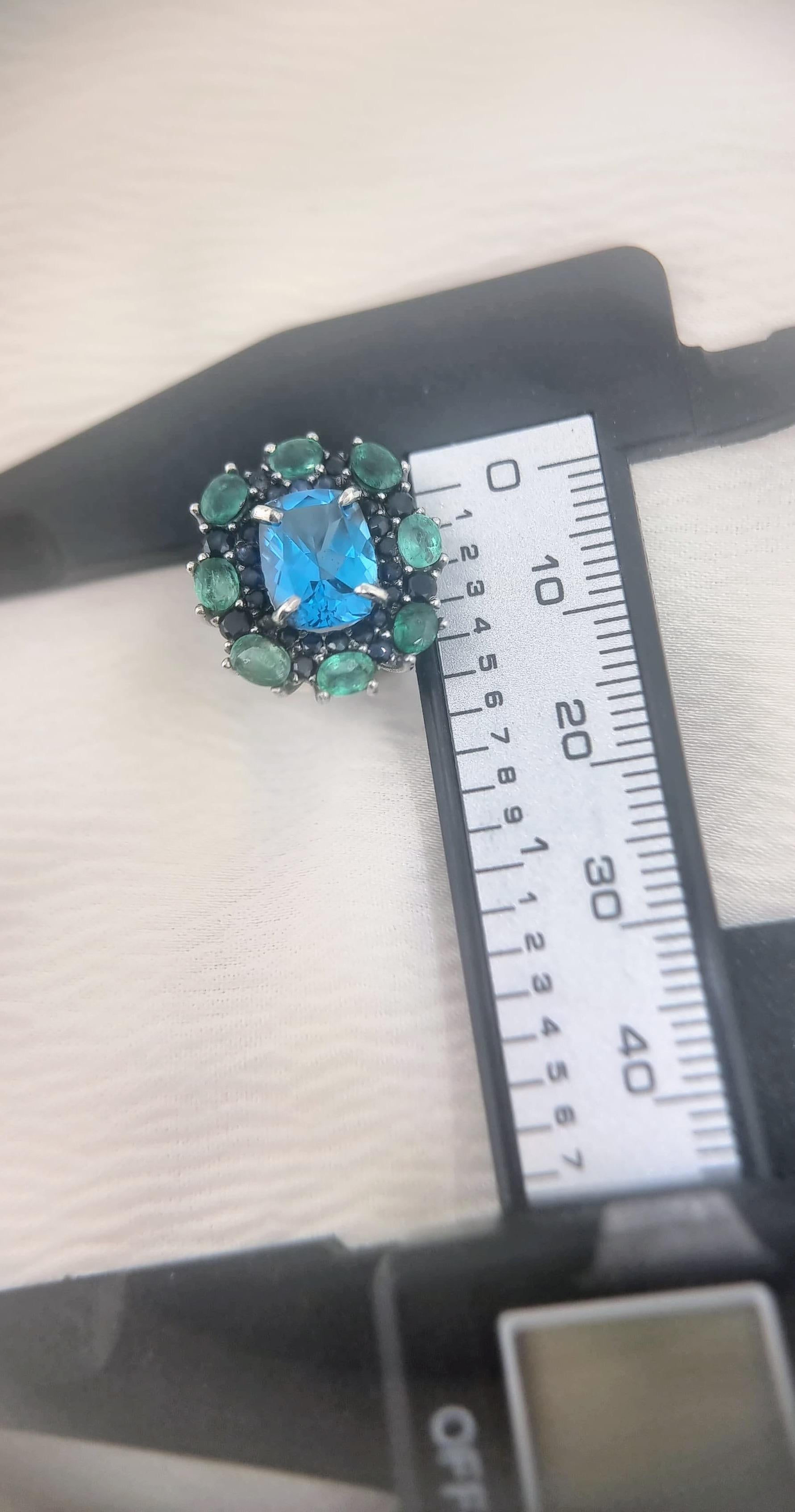 Custom Platinum Blue Topaz Natural Emerald & Sapphire Lever-Back Earring For Sale 8