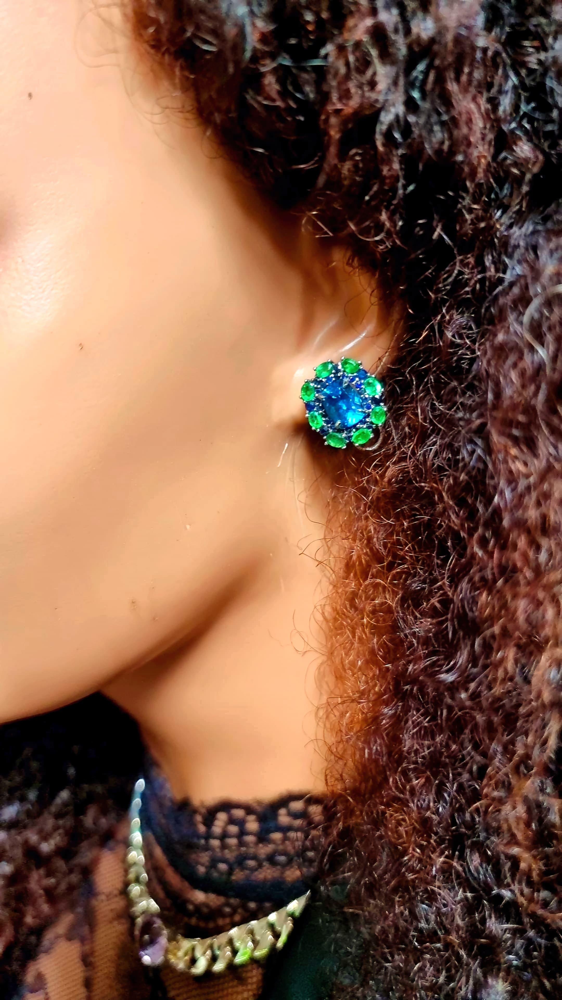Custom Platinum Blue Topaz Natural Emerald & Sapphire Lever-Back Earring For Sale 2