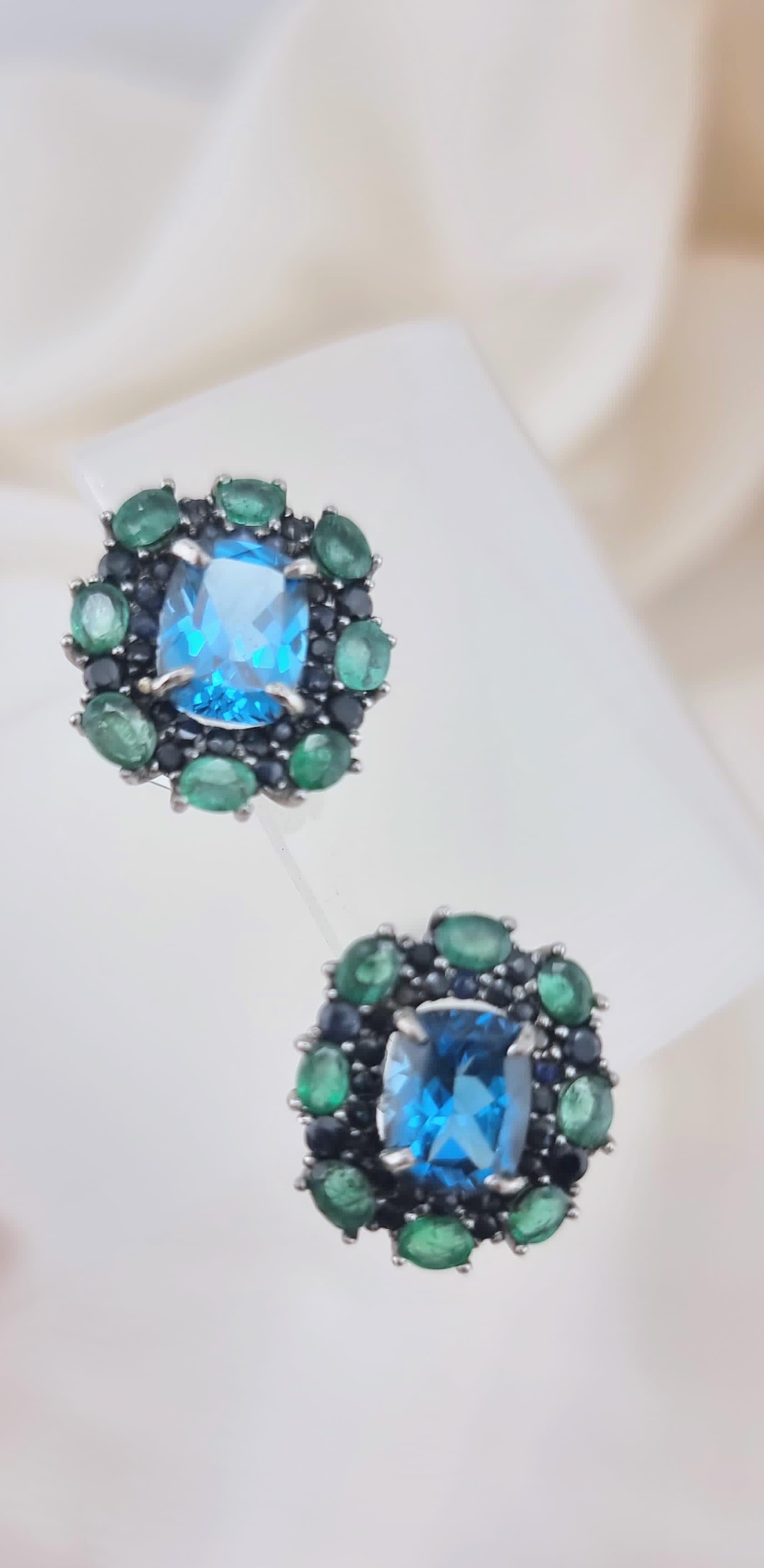 Custom Platinum Blue Topaz Natural Emerald & Sapphire Lever-Back Earring For Sale 5