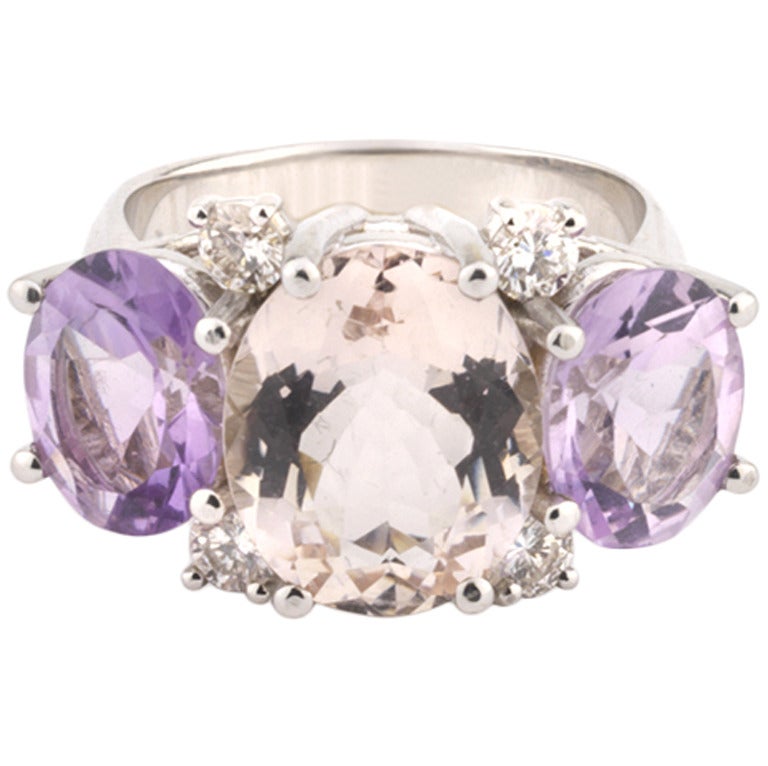 Custom Platinum Gum Drop Ring with Morganite and Rock Crystal and Diamonds For Sale 7