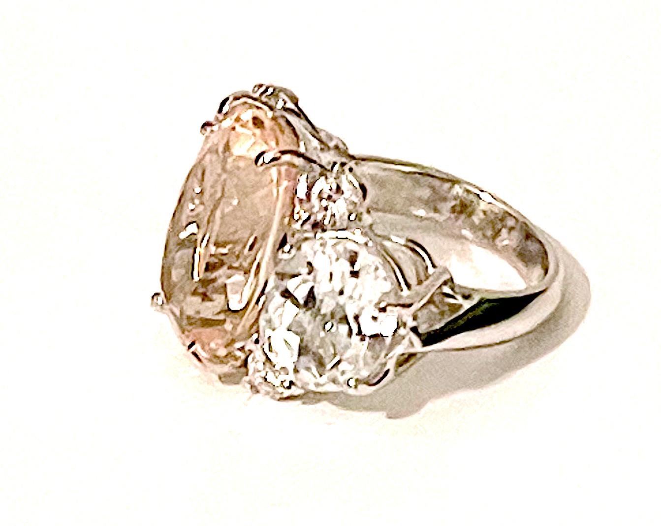 Contemporary Custom Platinum Gum Drop Ring with Morganite and Rock Crystal and Diamonds For Sale