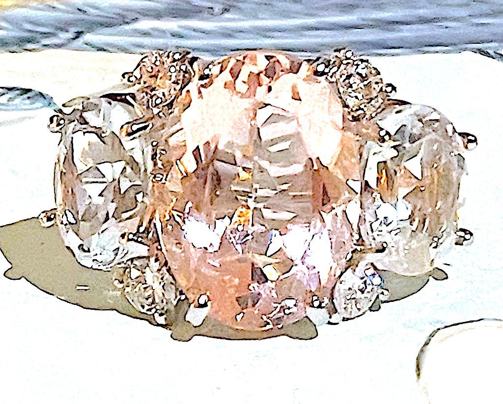 Oval Cut Custom Platinum Gum Drop Ring with Morganite and Rock Crystal and Diamonds For Sale