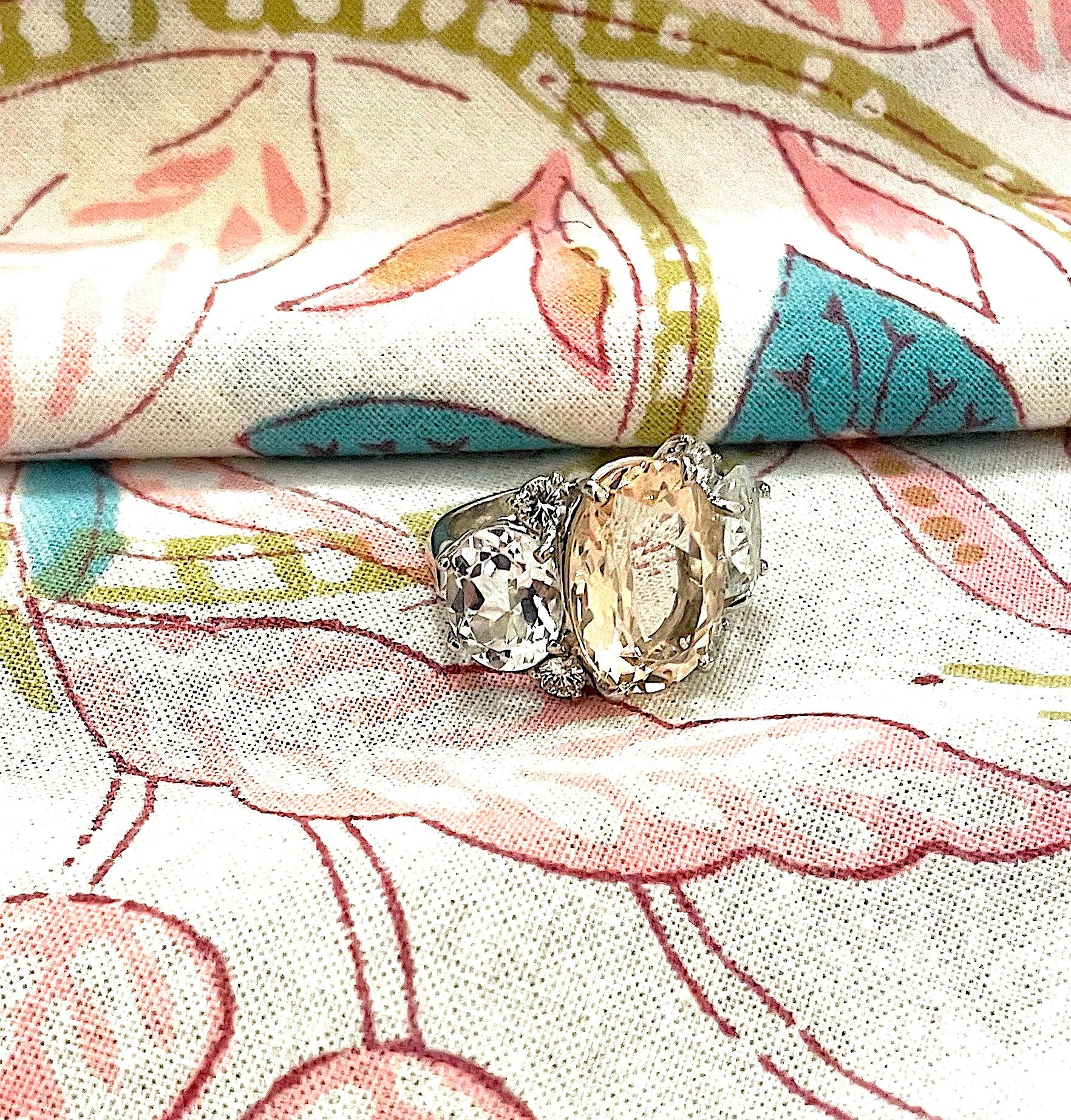 Custom Platinum Gum Drop Ring with Morganite and Rock Crystal and Diamonds In New Condition For Sale In New York, NY