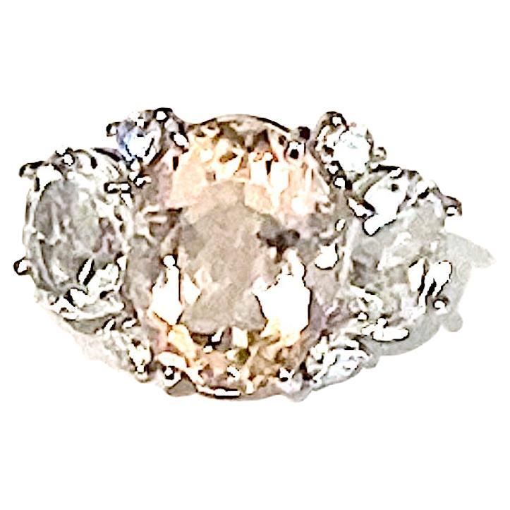 Custom Platinum Gum Drop Ring with Morganite and Rock Crystal and Diamonds For Sale