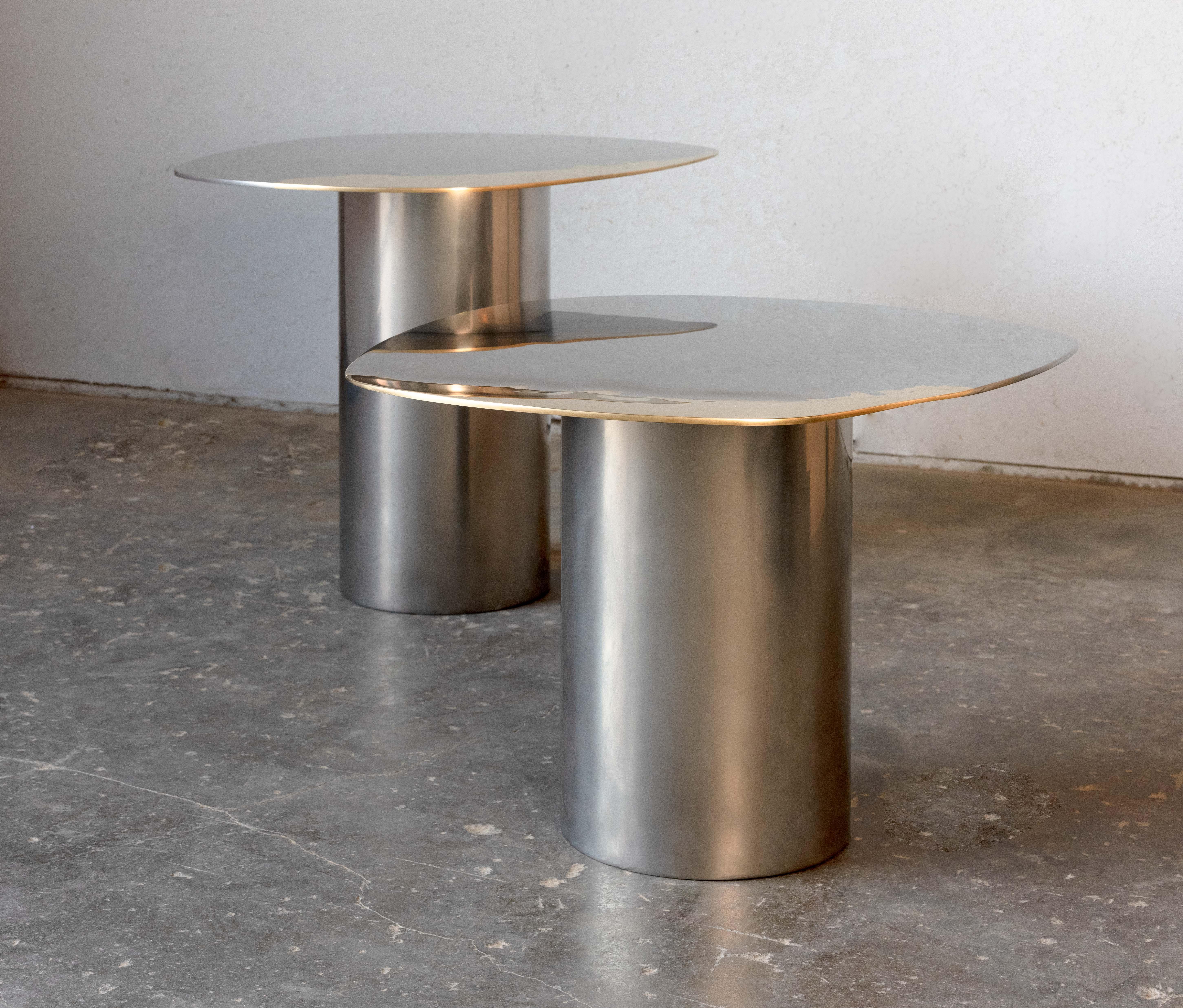 American Custom Polished Bimetal Brass Stainless Steel Transition Side Tables  For Sale