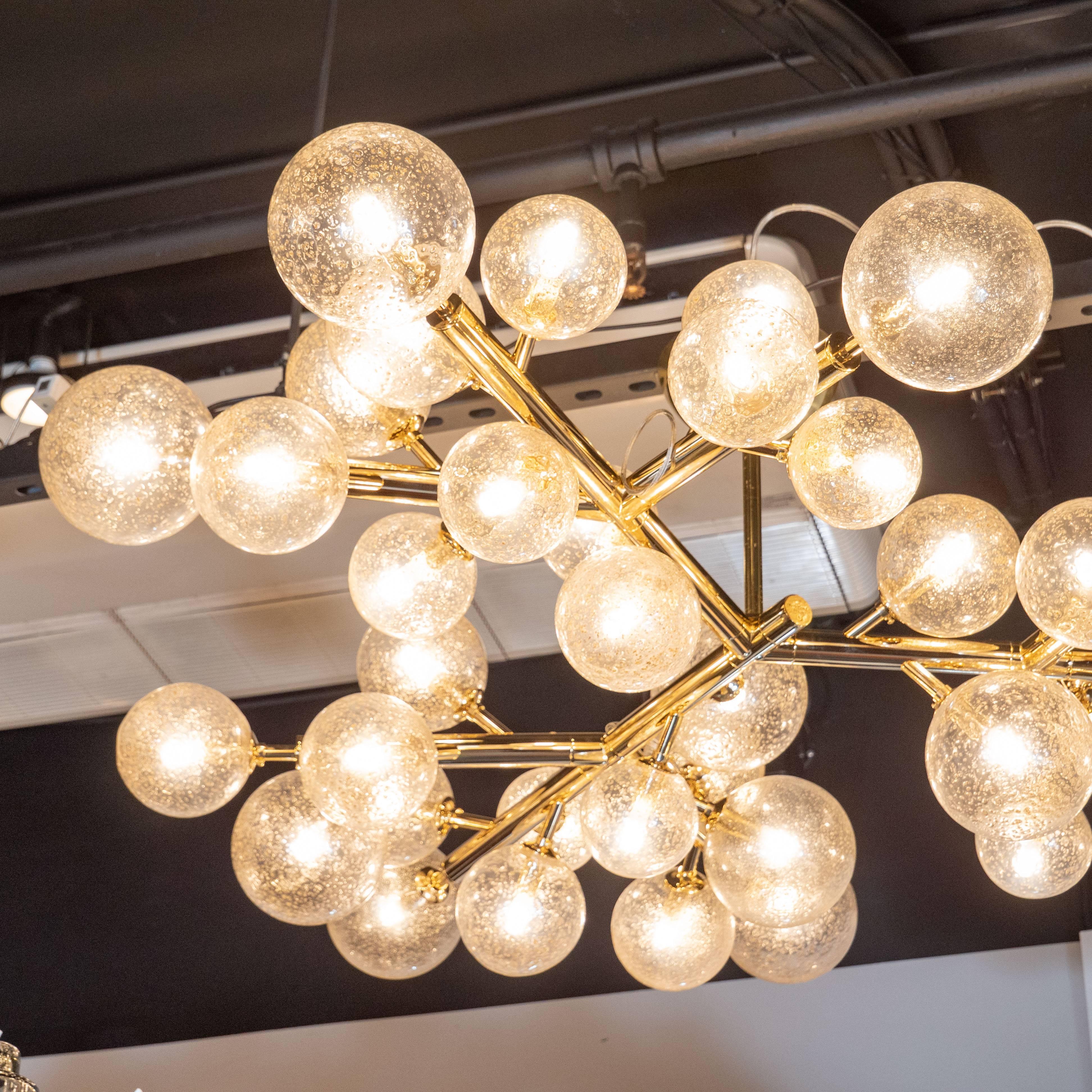 Italian Custom Polished Brass and Murano Glass Molecular 'Snowflake' Chandelier