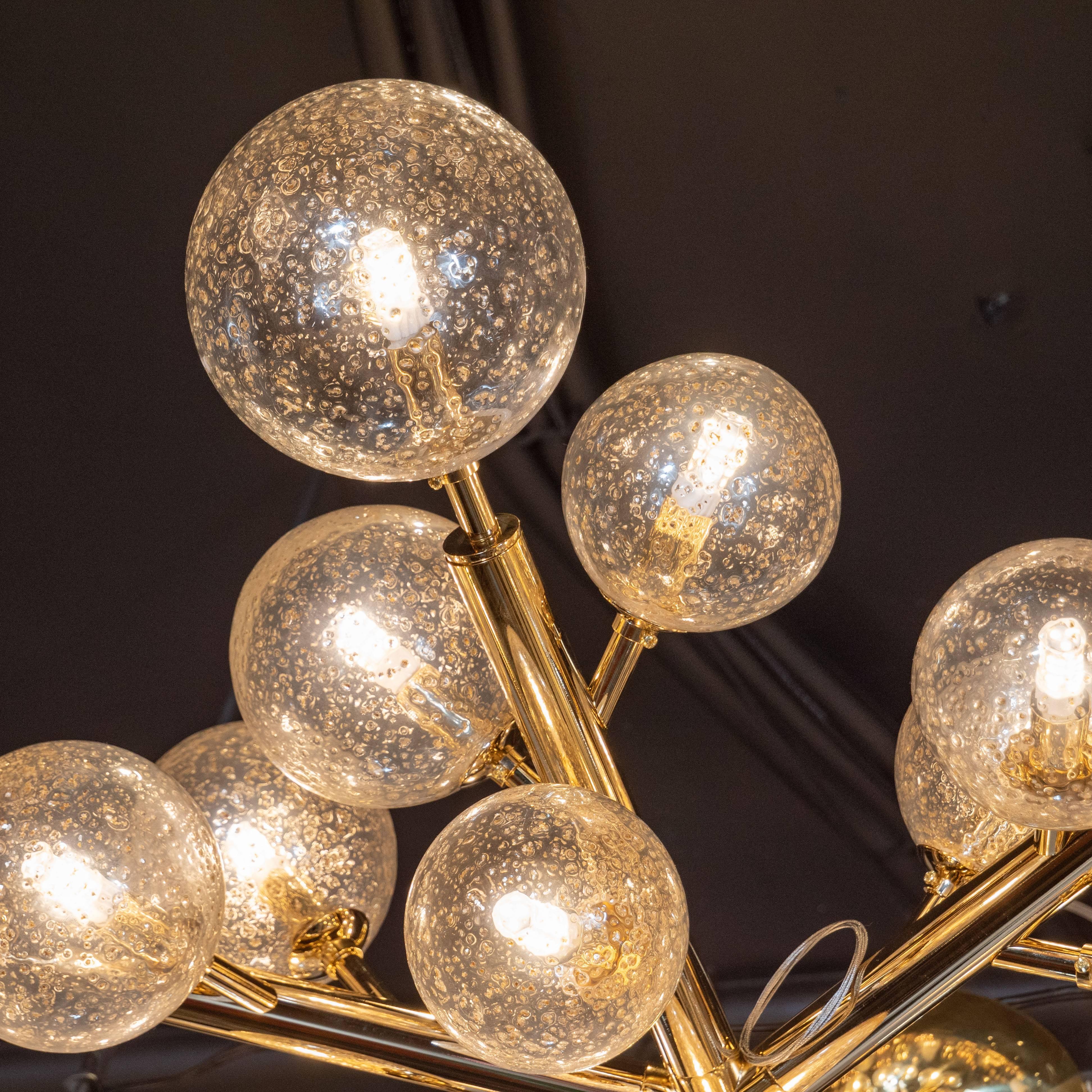 Modern Custom Polished Brass and Murano Glass Molecular 'Snowflake' Chandelier