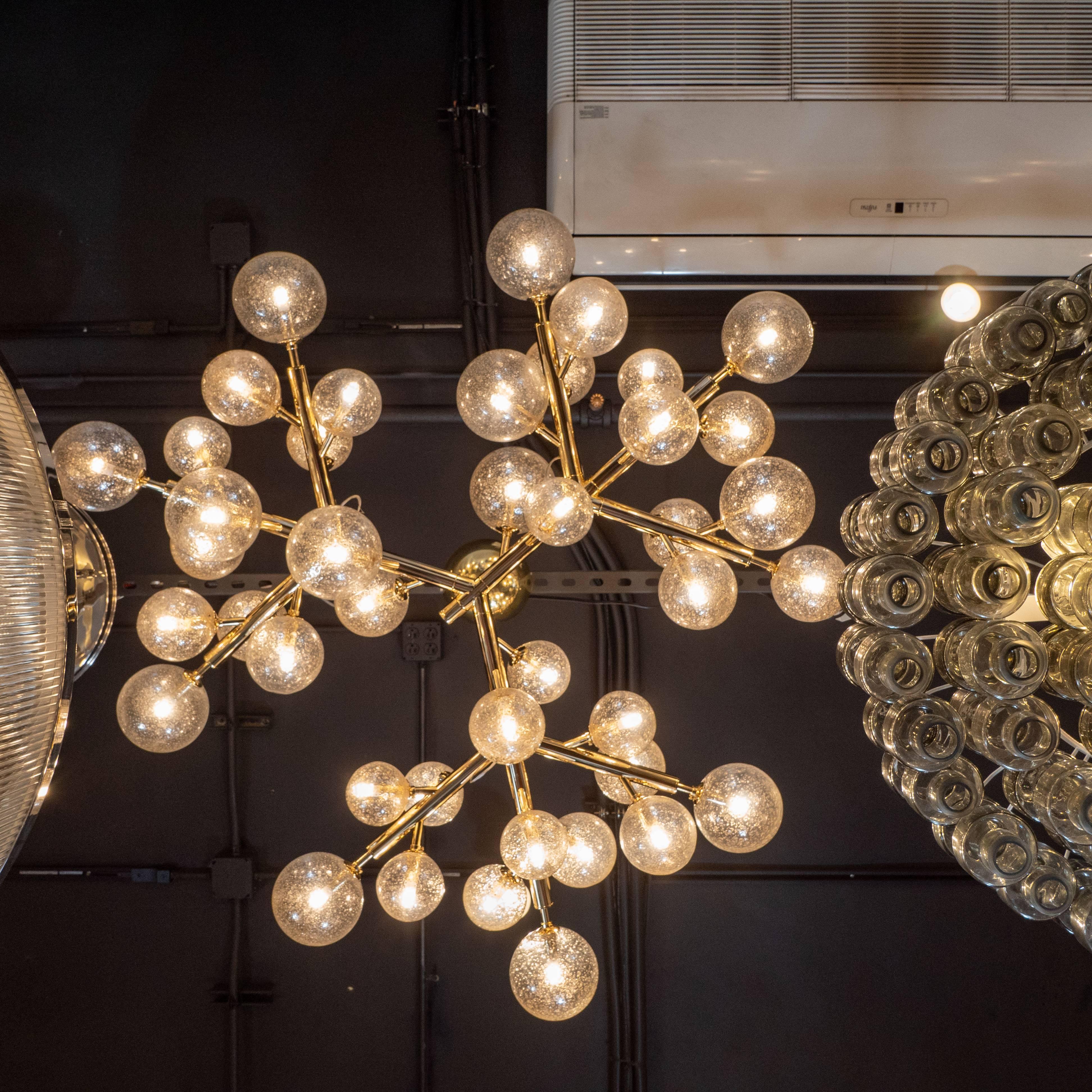 Italian Custom Polished Brass and Murano Glass Molecular 'Snowflake' Chandelier