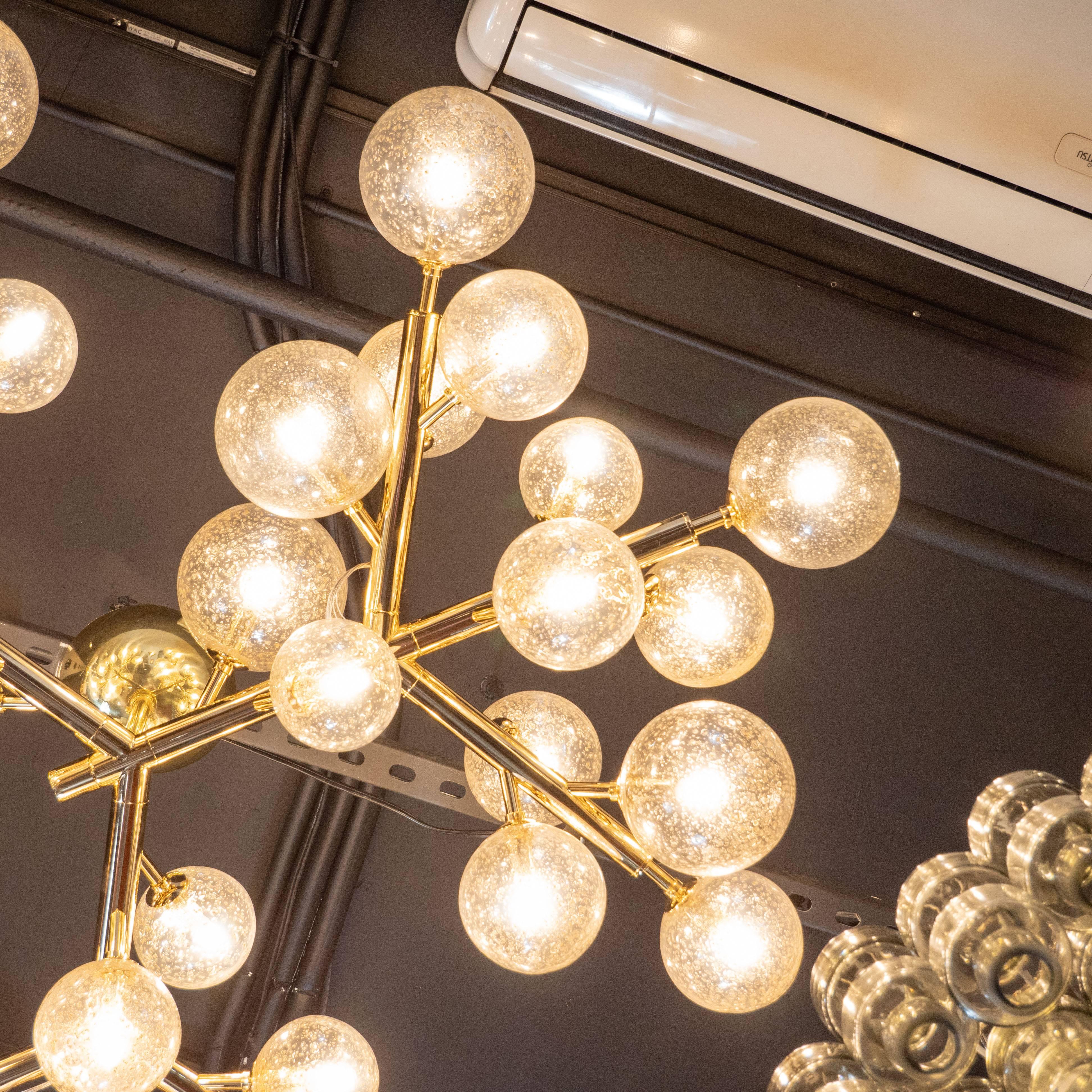 Custom Polished Brass and Murano Glass Molecular 'Snowflake' Chandelier In Excellent Condition In New York, NY
