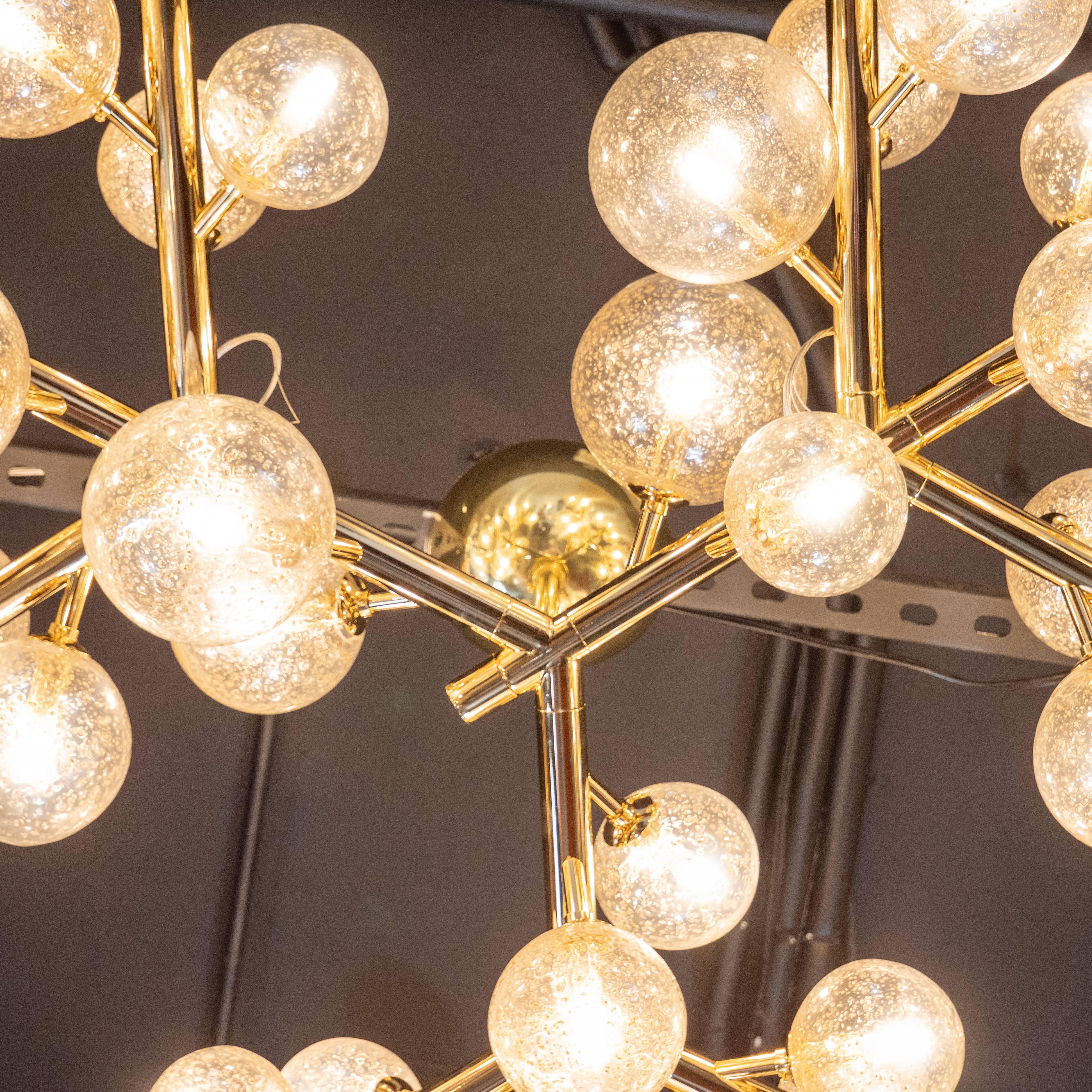 Contemporary Custom Polished Brass and Murano Glass Molecular 'Snowflake' Chandelier