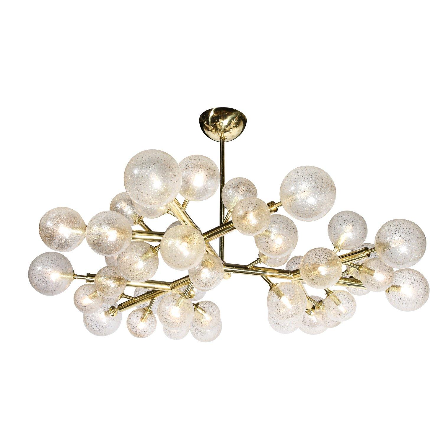 Custom Polished Brass and Murano Glass Molecular "Snowflake" Chandelier