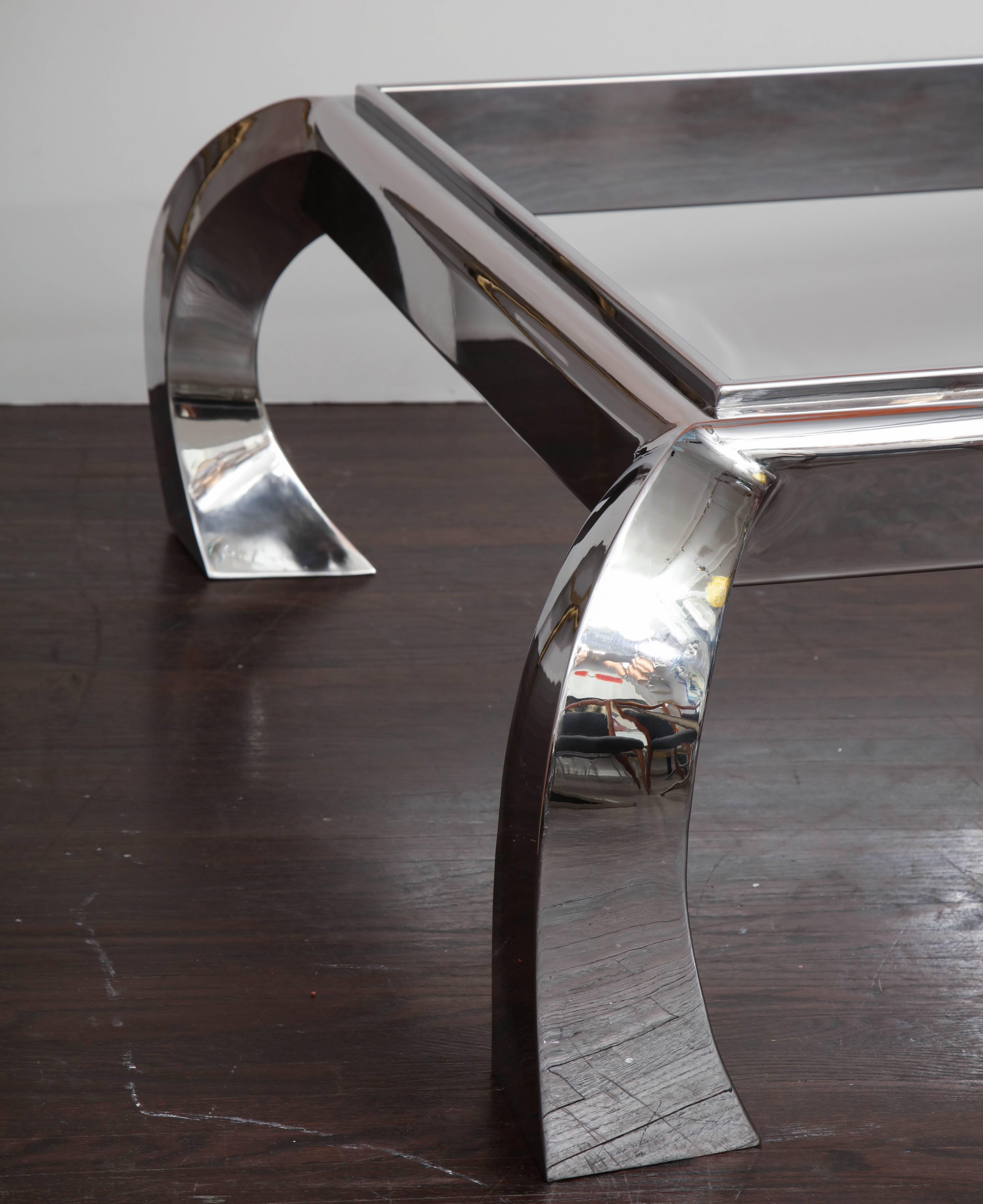 American Ming Polished Nickel Cocktail Table with Glass Top For Sale