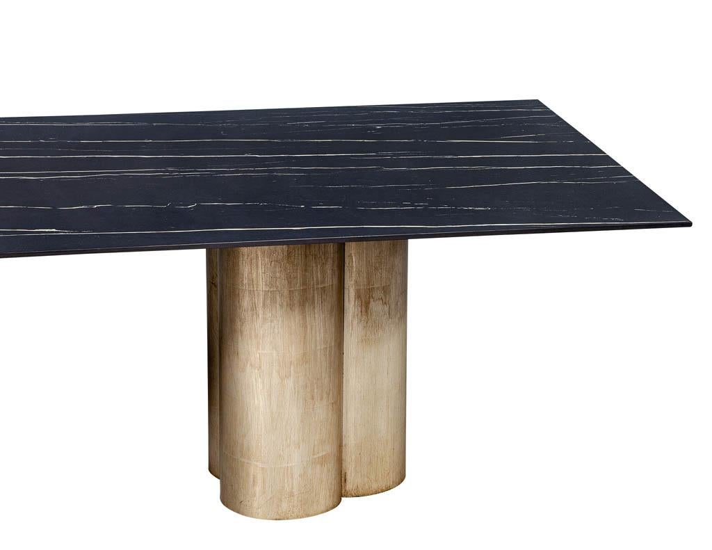 Modern Custom Porcelain Dining Table with Distressed Silver Leaf Tulip Bases Carrocel For Sale