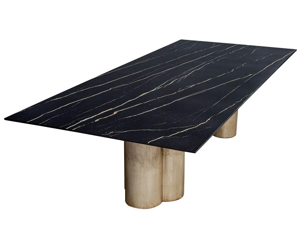 Contemporary Custom Porcelain Dining Table with Distressed Silver Leaf Tulip Bases Carrocel For Sale