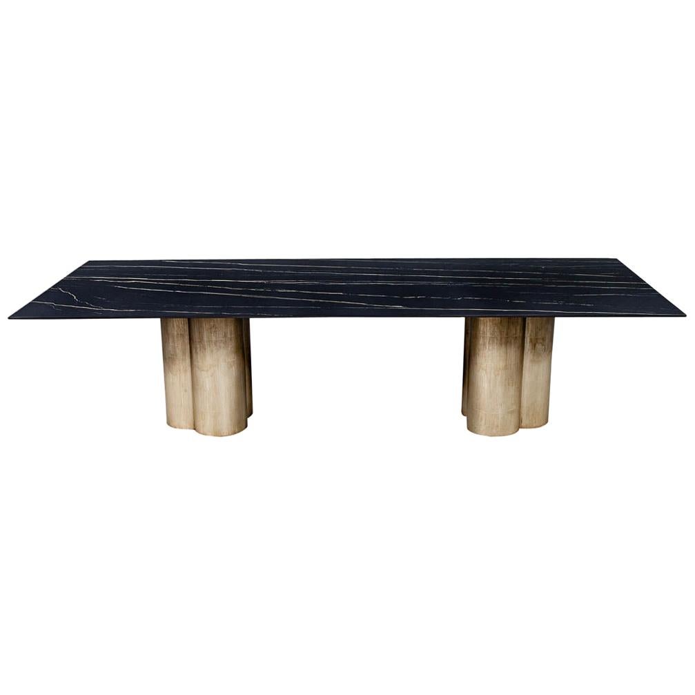 Custom Porcelain Dining Table with Distressed Silver Leaf Tulip Bases Carrocel For Sale
