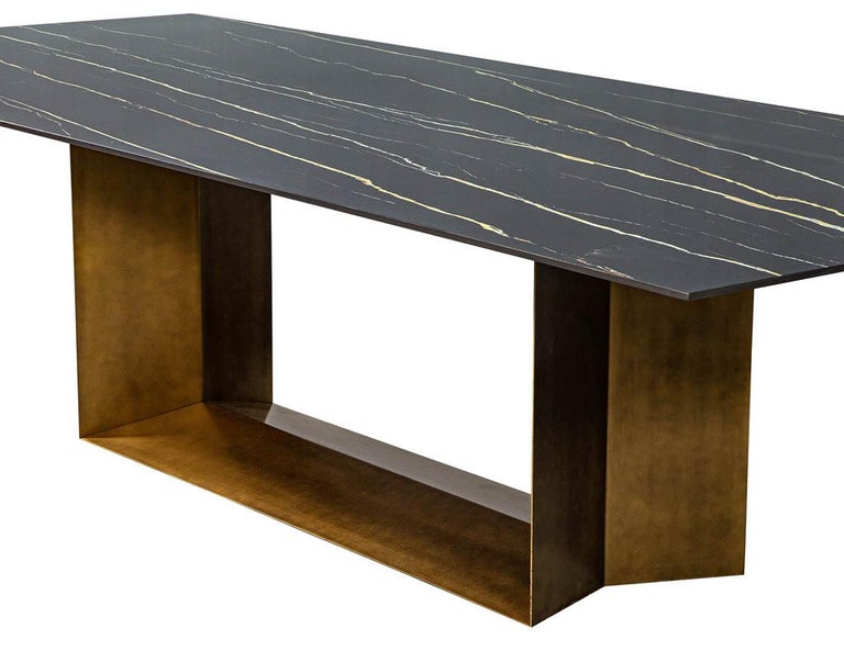 Custom Porcelain Modern Dining Table with Brass Finished Base by