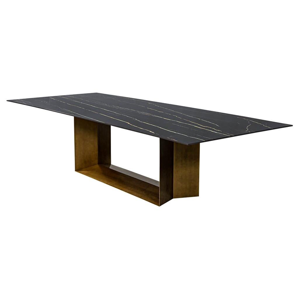 Custom Porcelain Modern Dining Table with Brass Finished Base by Carrocel