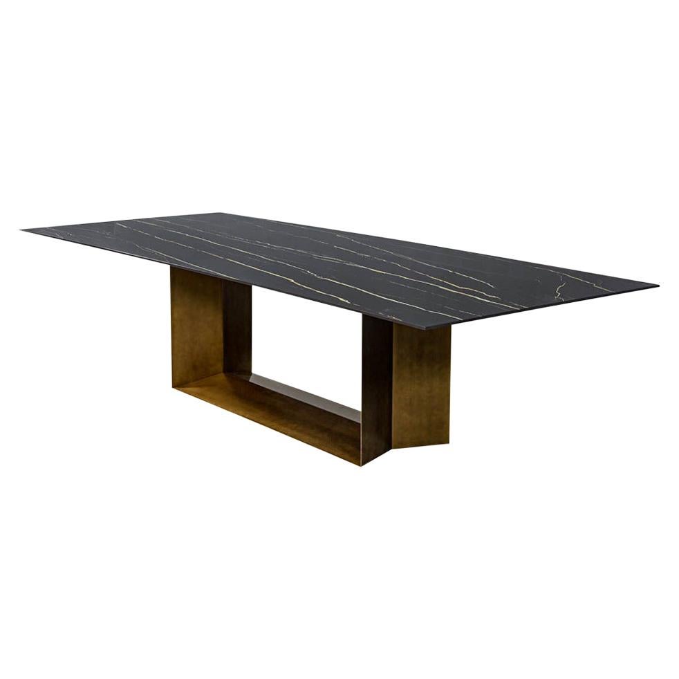 Custom Porcelain Modern Dining Table with Brass Finished Base by Carrocel