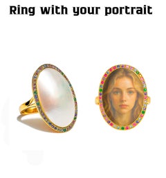 Custom Portrait Painted Cameo Mother of pearl ring, Personalized signet Ring