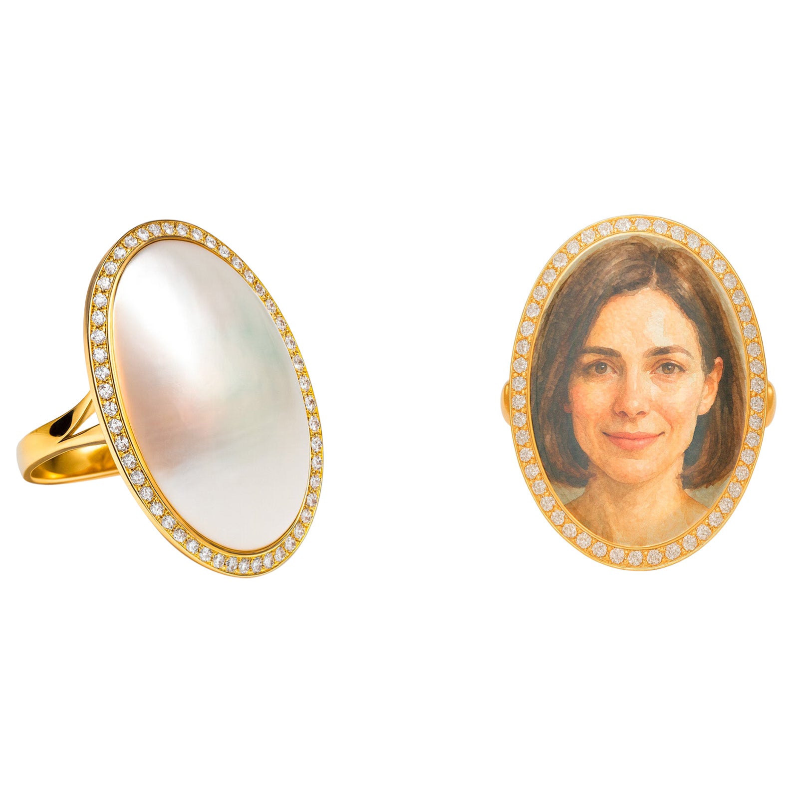Custom Portrait Painted Cameo Mother of pearl ring, Personalized signet Ring
