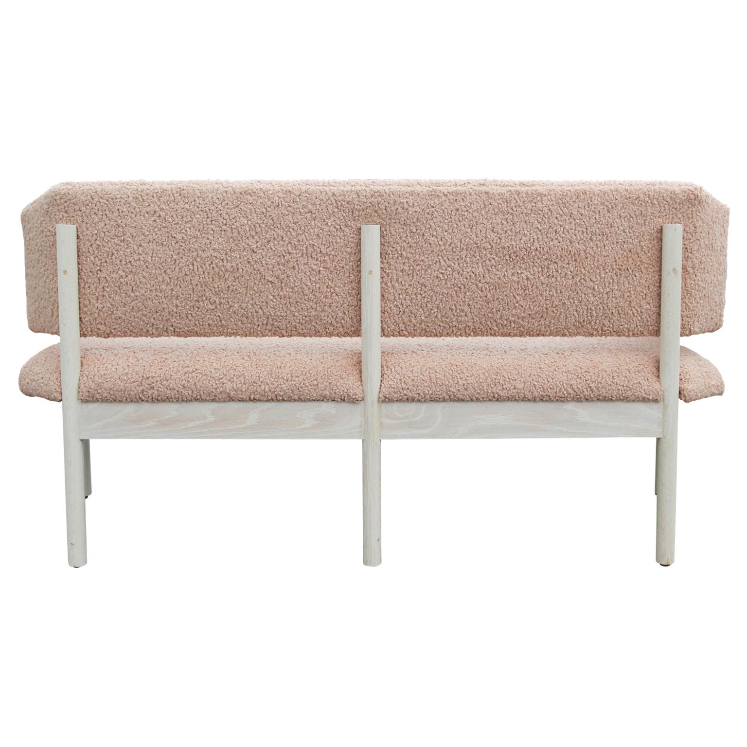 American Custom Postmodern Angular Pink Shearling Style White Oak Loveseat / Bench/ Sofa