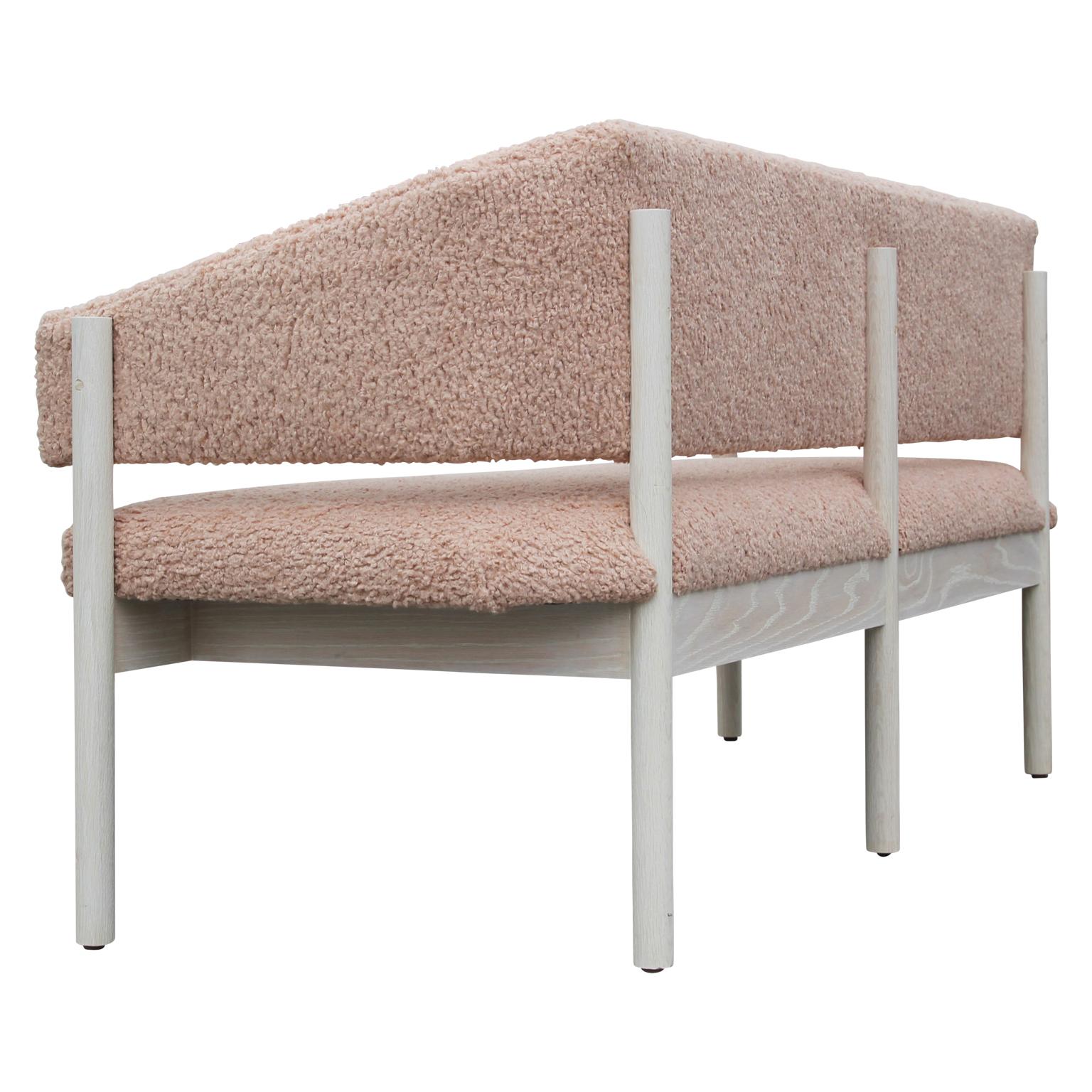 Custom Postmodern Angular Pink Shearling Style White Oak Loveseat / Bench/ Sofa In New Condition In Houston, TX