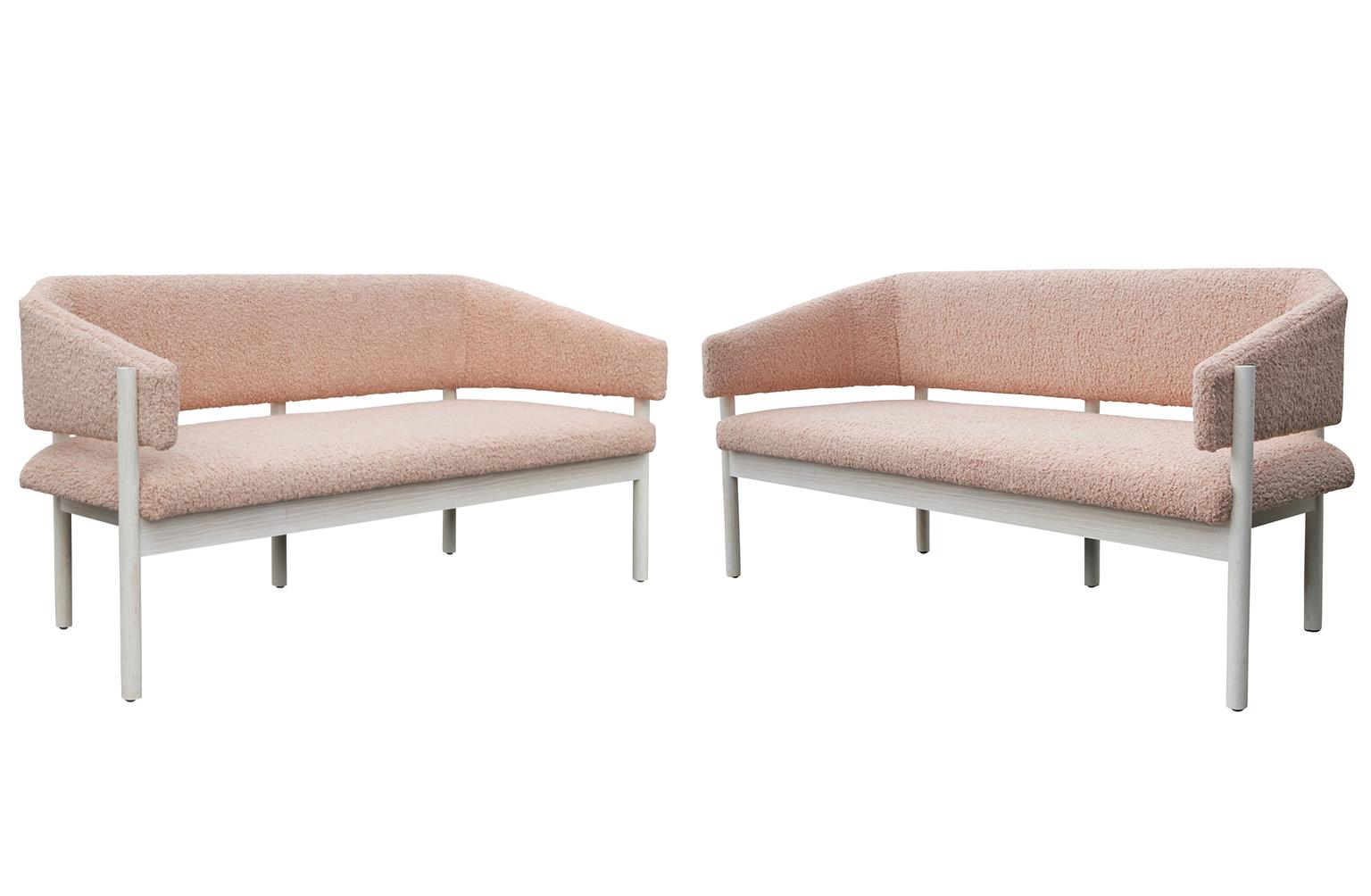 Contemporary Custom Postmodern Angular Pink Shearling Style White Oak Loveseat / Bench/ Sofa