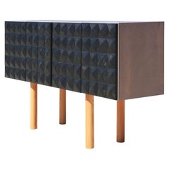 Custom Post Modern Brutalist Black and Natural Pyramid Stud Sideboard