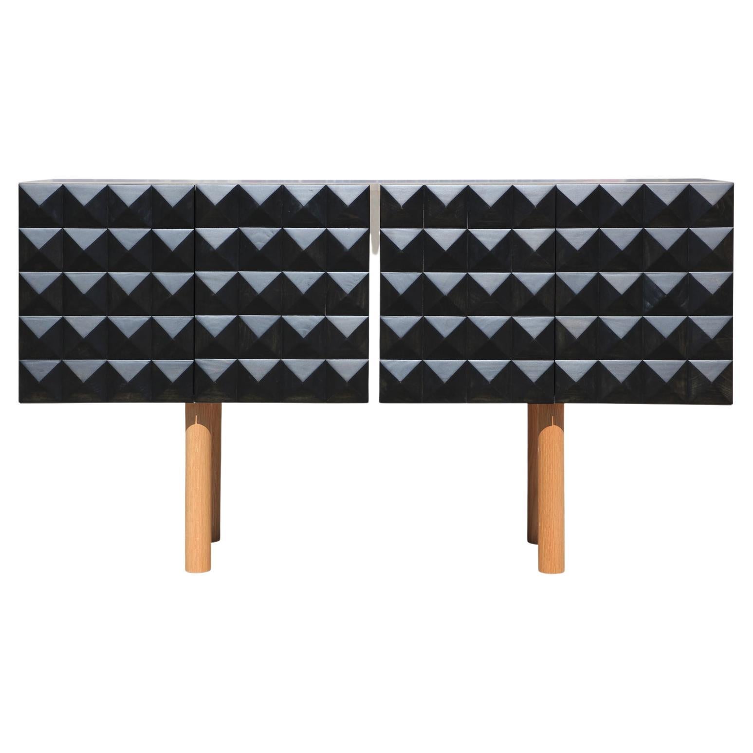 Custom Post Modern Brutalist Black and Natural Pyramid Stud Sideboard