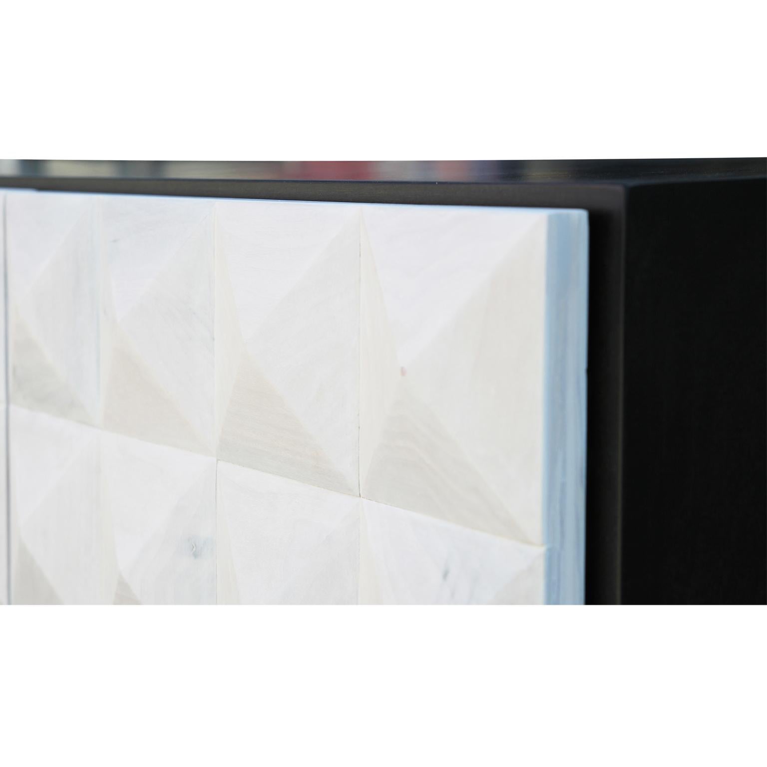 Brutalist custom designed handmade contemporary sideboard with white studded doors, natural fluted turned legs, and black stained base/body. The legs are smoothly turned, creating a fun and contemporary look. One of a kind!

- Oak construction
-