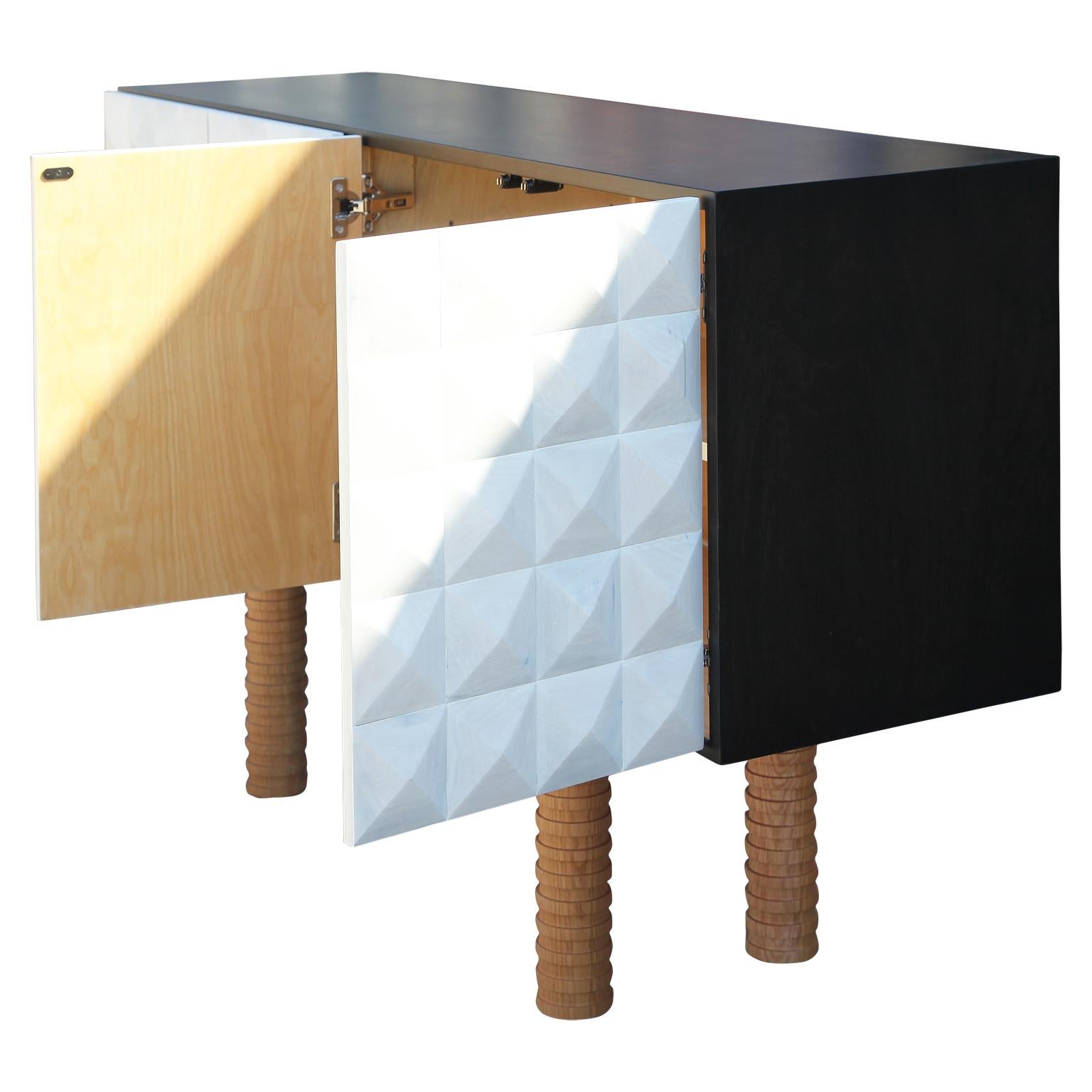 Post-Modern Custom Post Modern Brutalist White, Black, and Natural Pyramid Stud Sideboard