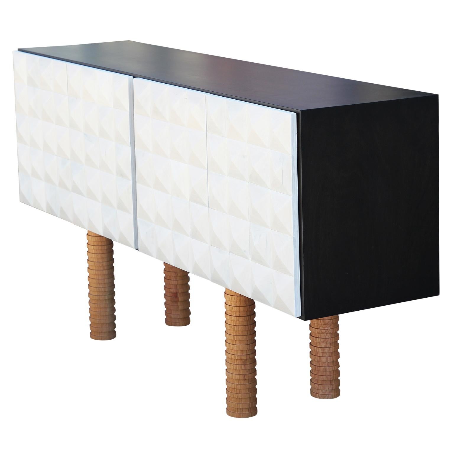 American Custom Post Modern Brutalist White, Black, and Natural Pyramid Stud Sideboard